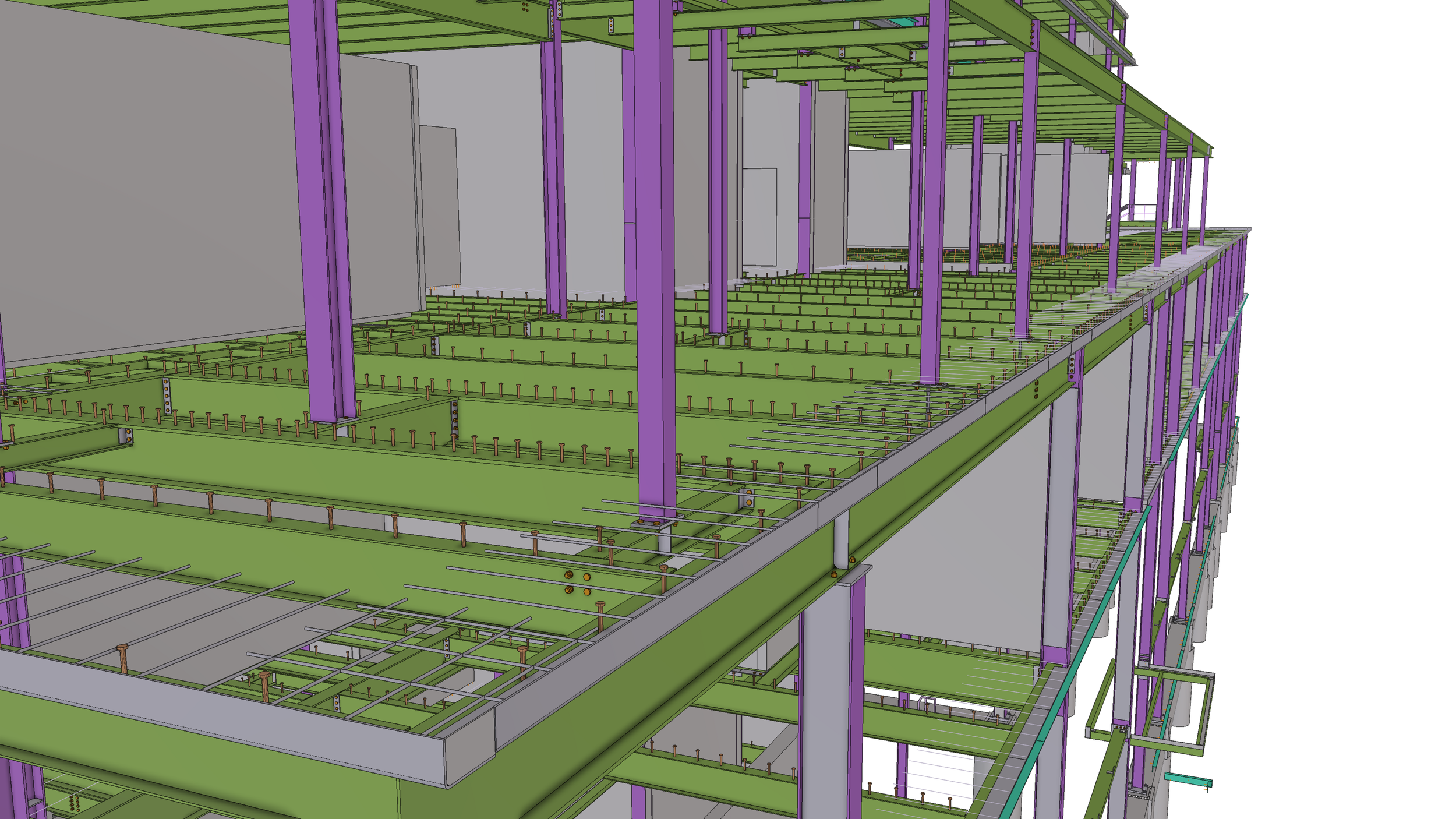 3D model of a multi-story building under construction with green floors, purple vertical supports, and orange bolts.
