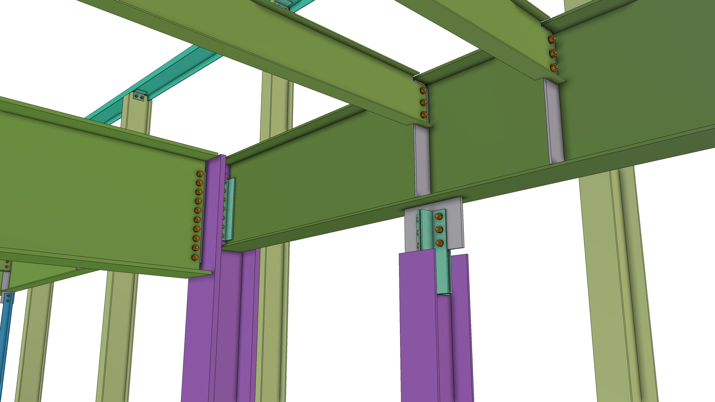 Structural steel framework with green, purple, and teal beams connected by bolts, part of a building construction model.