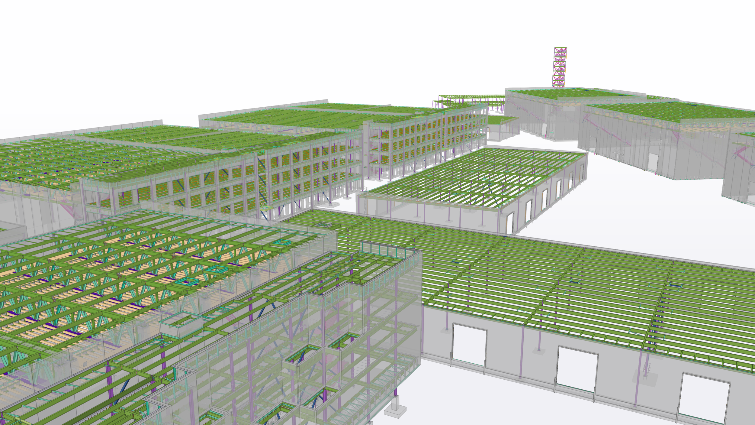 Digital architectural model of a large multi-floor building with green steel framework and multiple open areas.