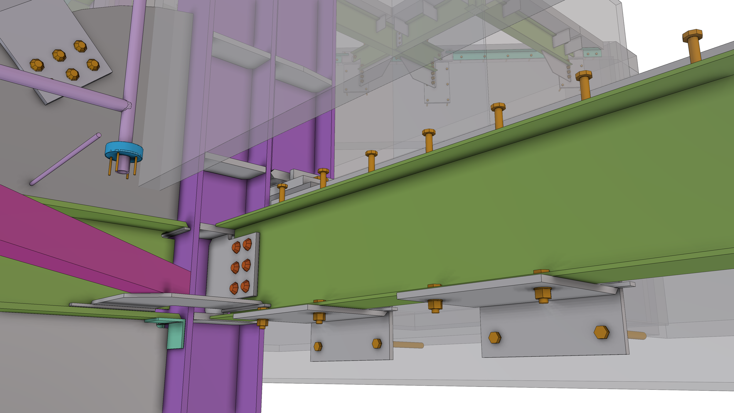 A detailed 3D model of a structural part showing green, purple, gray, orange, and blue components with bolts, plates, and fasteners.