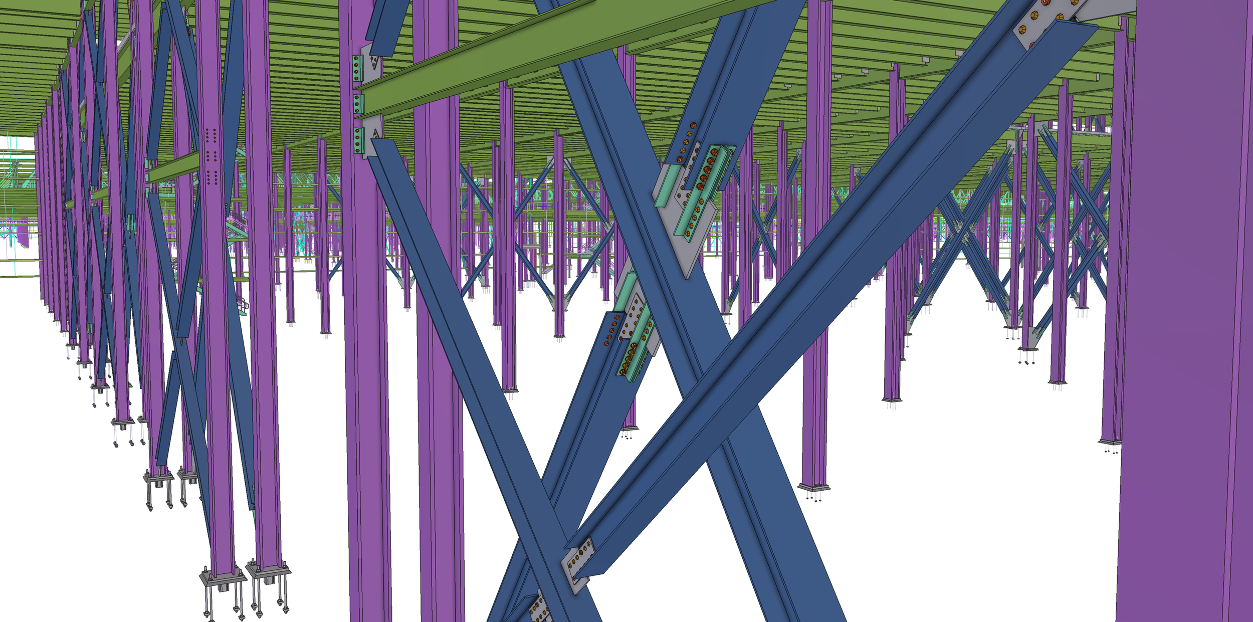 A digital rendering of an industrial steel plant structure with purple vertical supports and green horizontal beams, featuring blue diagonal braces with machinery or electrical components attached, arranged in an extensive, complex framework.