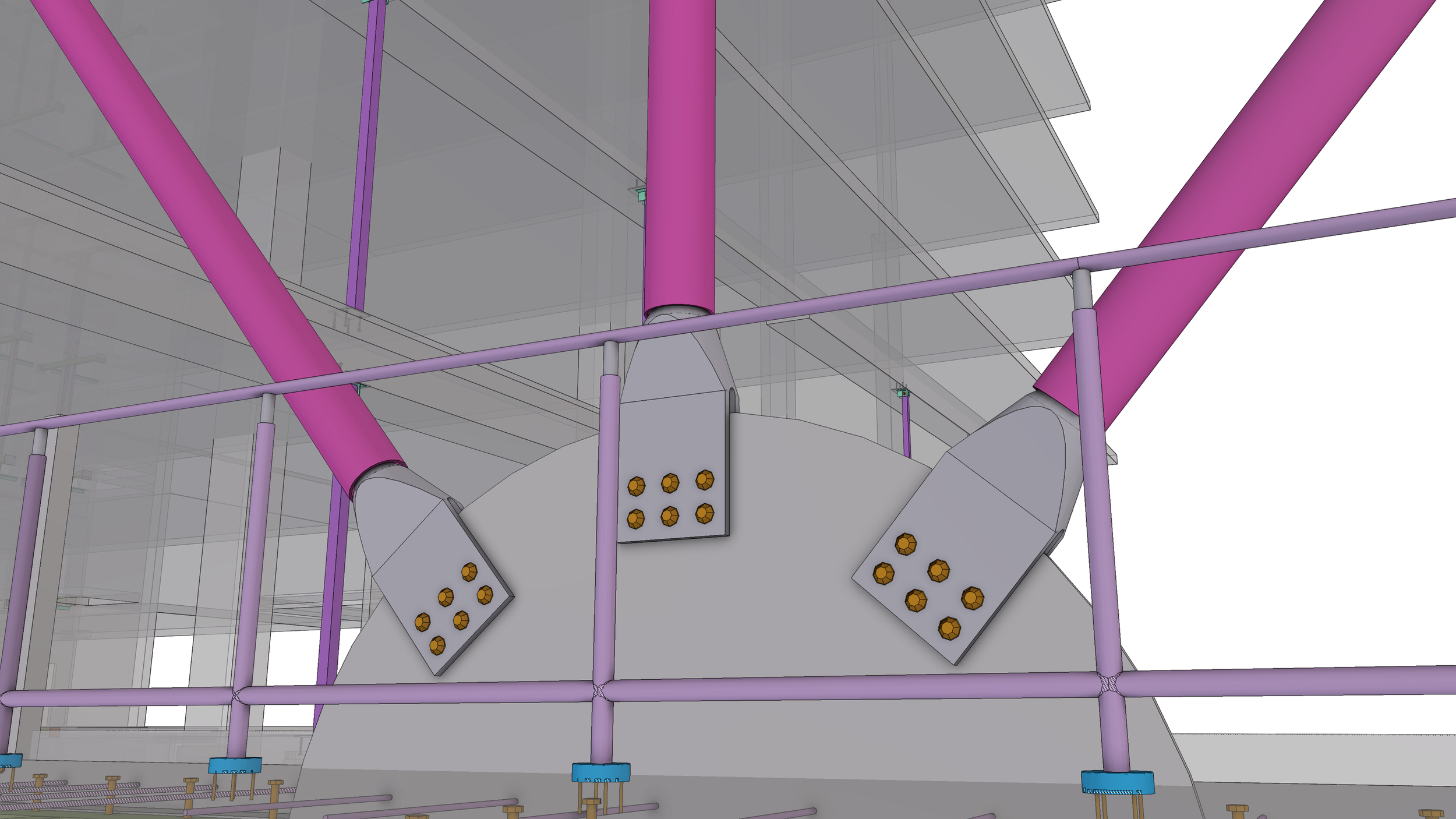 3D digital rendering of a building structure with pink beams, gray panels, and orange bolt fasteners.