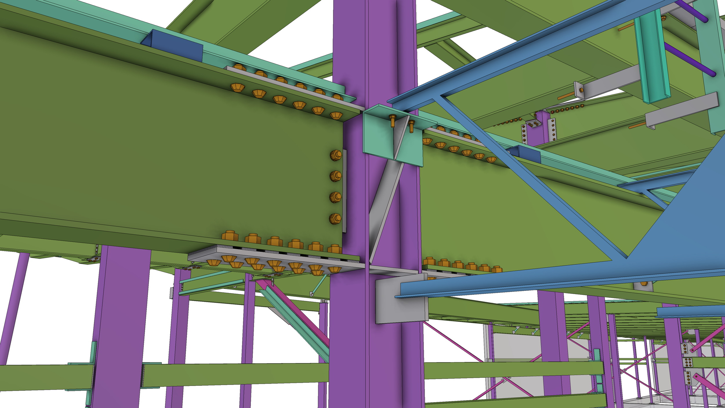 Color-coded structural framework of a building under construction, showing purple, green, blue, gray, and yellow components with bolts and brackets.