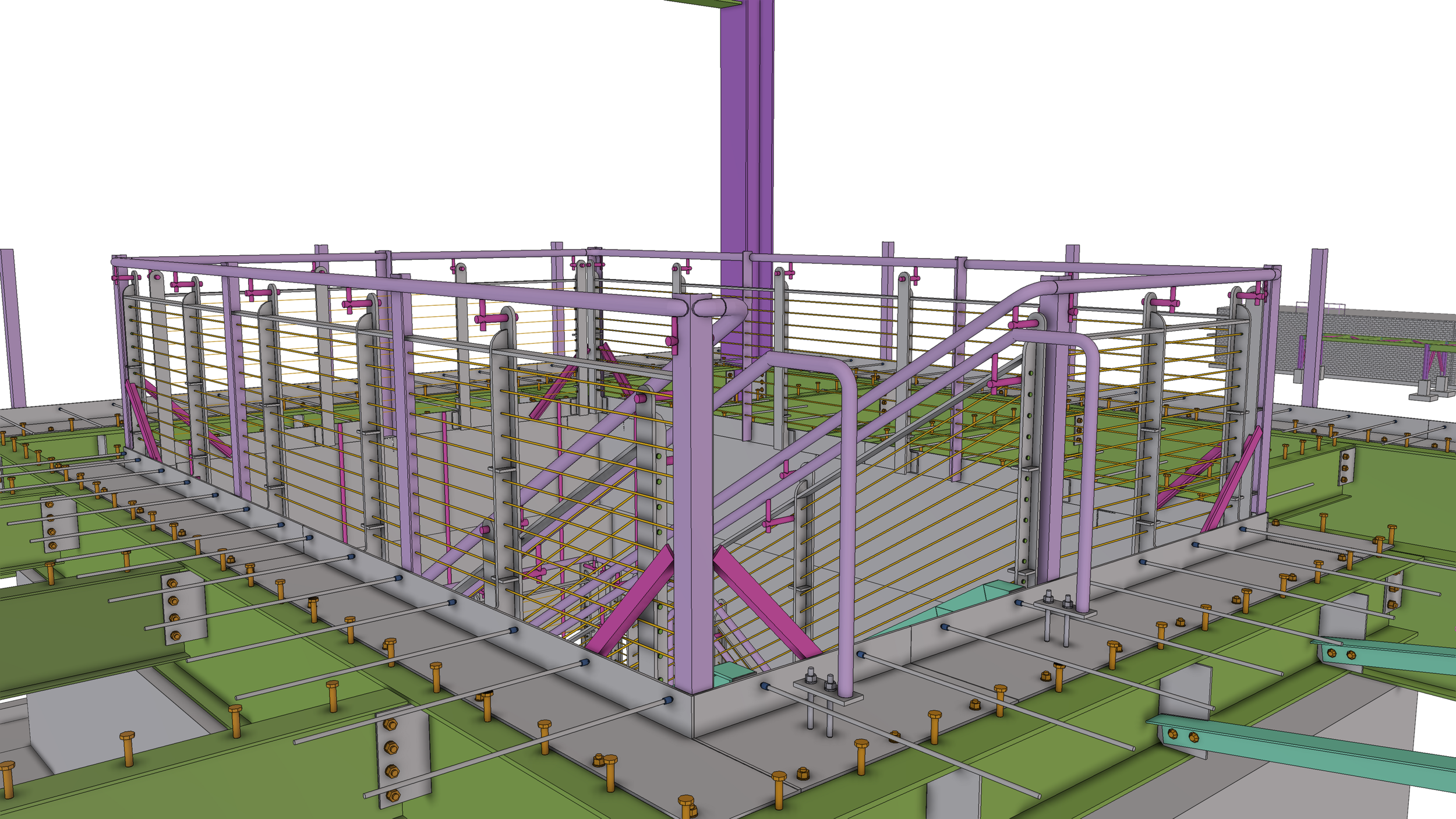 Structural engineering drawing of a building's framework with purple and green components, detailed with scaffolding and support beams.