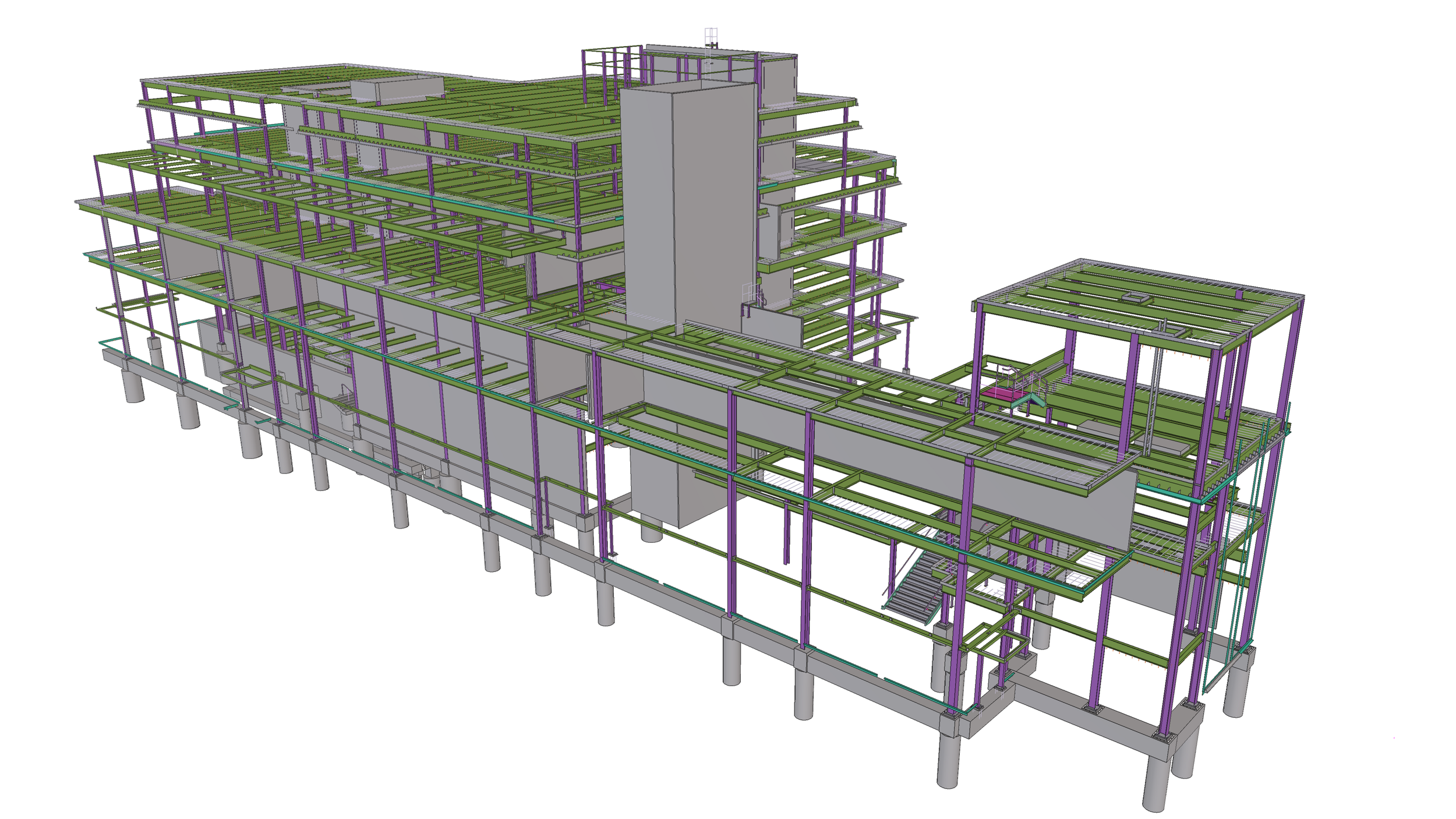 3D structural model of a multi-story building under construction, showing steel framework, support columns, and floors.