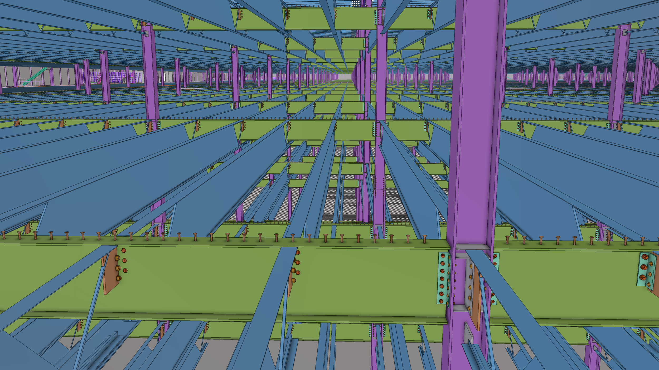 A digital rendering of a steel frame structure for a building, showing purple vertical columns, green horizontal beams, and blue steel trusses and supports, creating a grid-like pattern with a focus on construction framework.