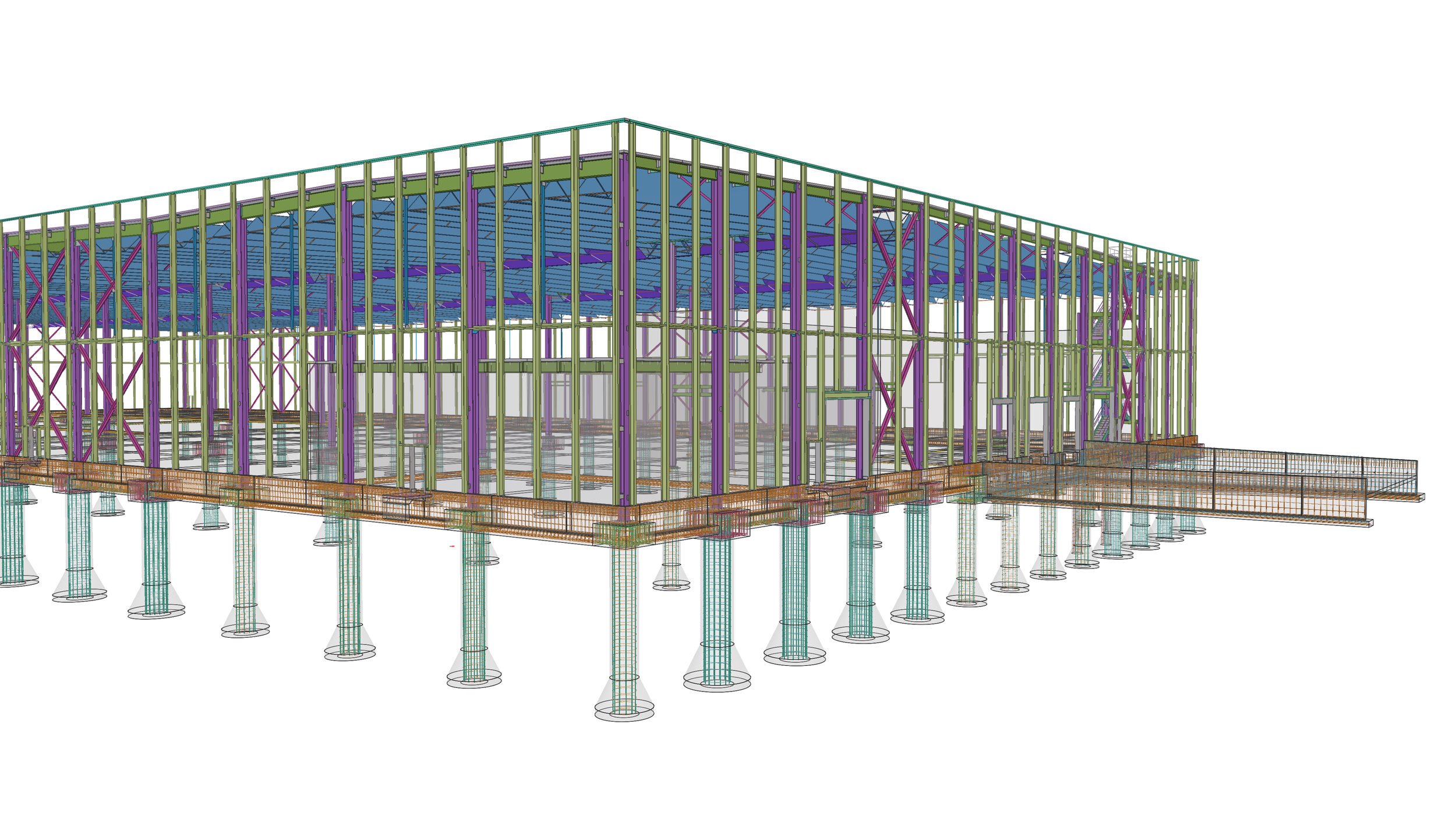 Structural engineering 3D model of a building with steel framework and foundation piles.