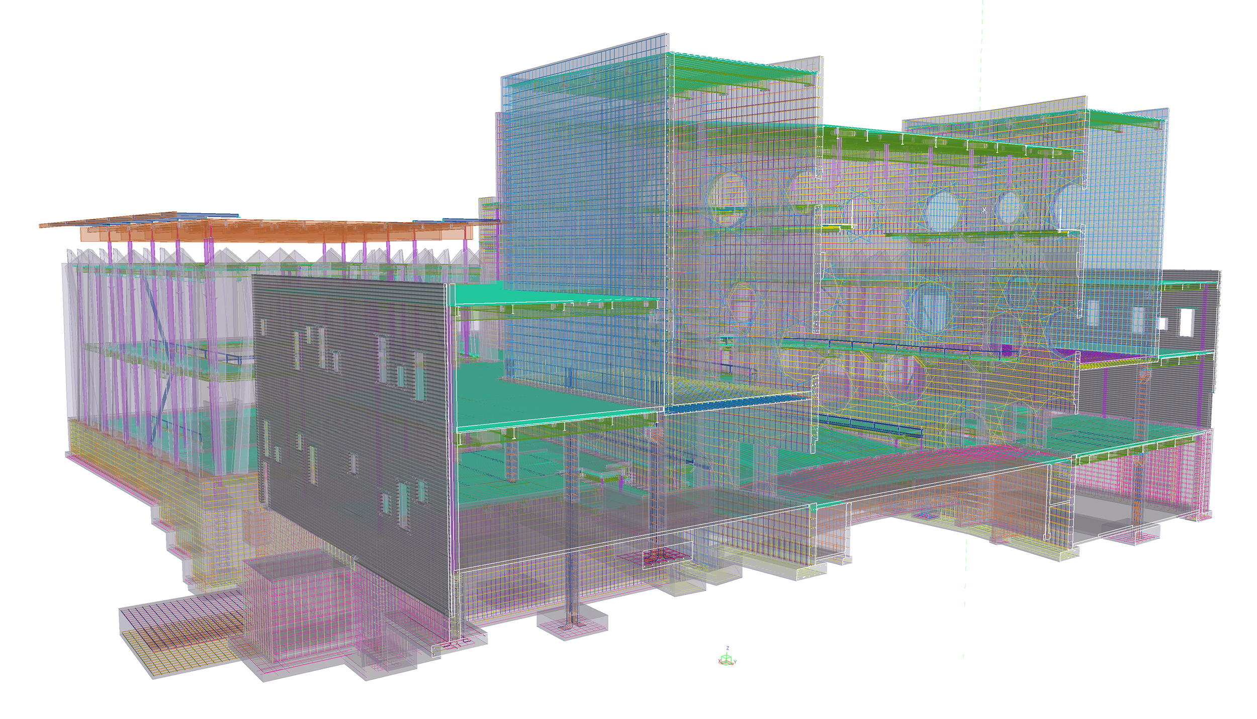 A detailed 3D architectural wireframe model of a multi-story building with various structural elements visible, including walls, floors, and ceilings.