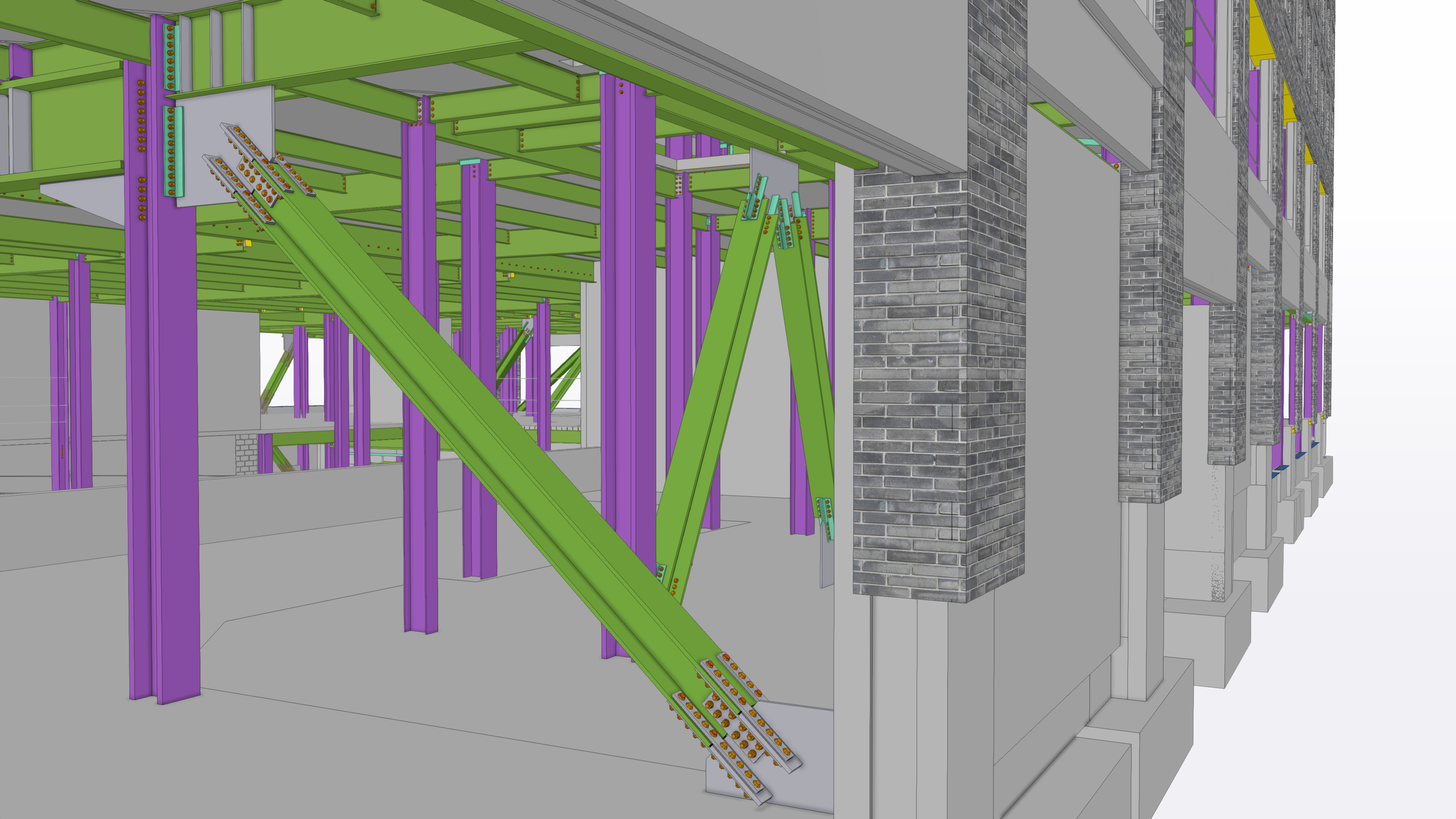 A digital construction model showing structural steel framing in green and purple, with concrete and brick walls. The framing supports the building's floors and walls.