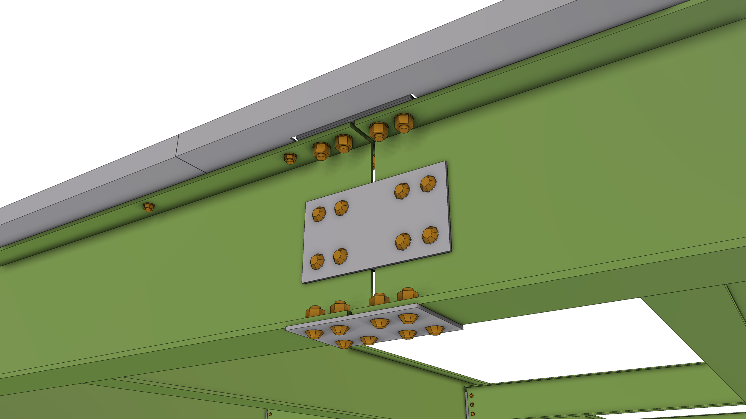 A close-up of a technical drawing showing metal brackets and bolts attaching green structural components to a gray surface.