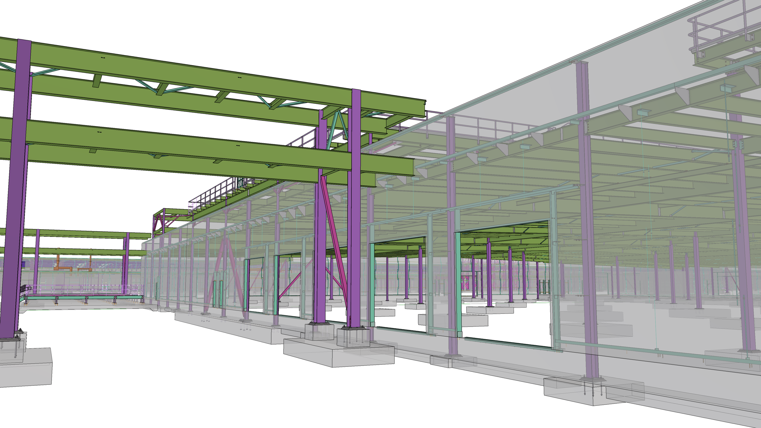 A computer-generated architectural model of a building structure with green floors, purple support columns, and stairs, showing multiple levels and framework.
