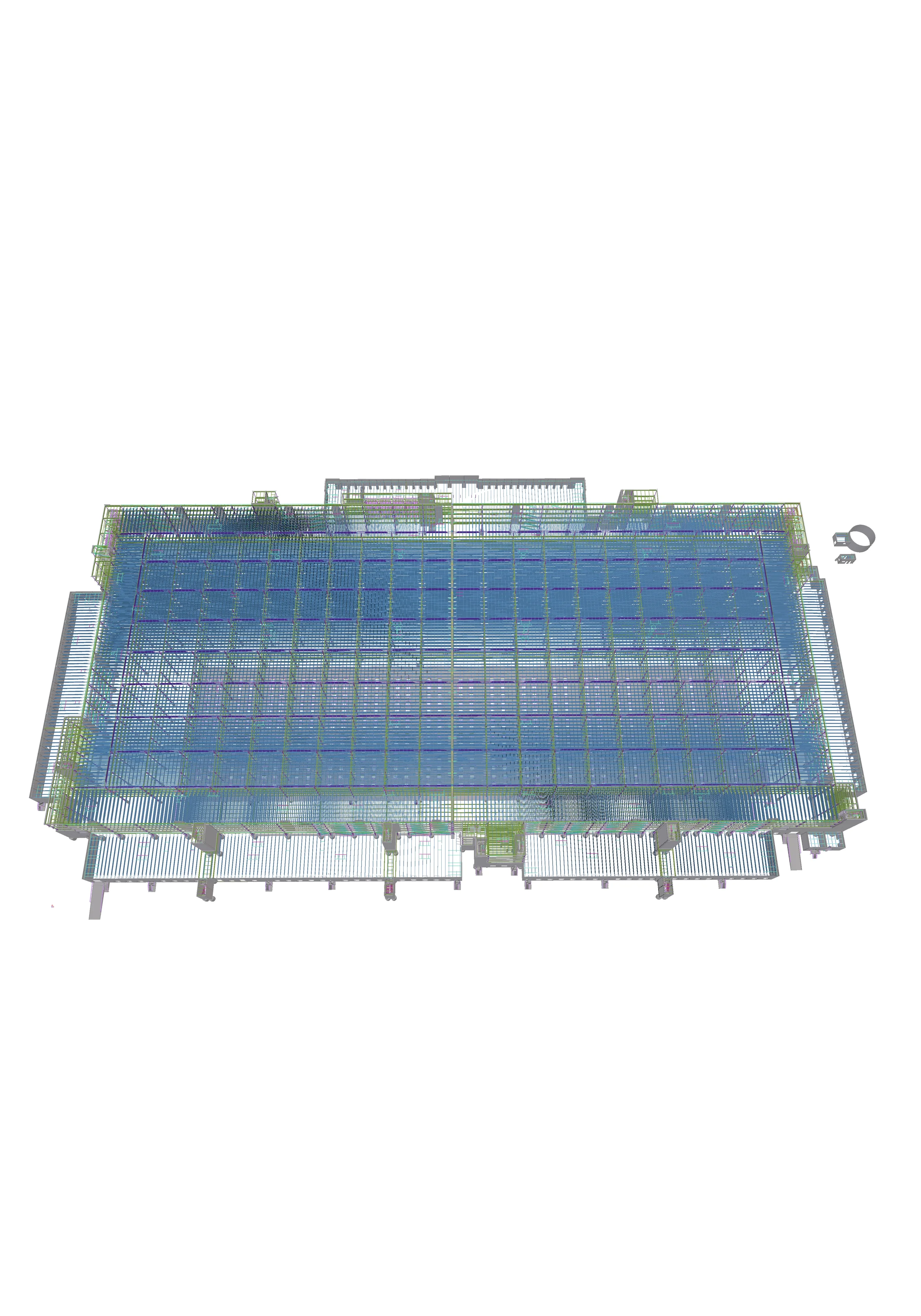 3D model or architectural drawing of a large building with a grid-like structure and solar panels on the roof.