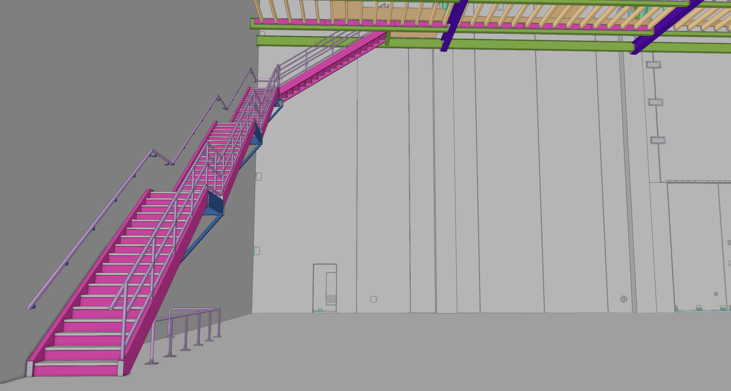 3D model of a staircase with pink steps and purple and blue railings ascending along a plain gray background.