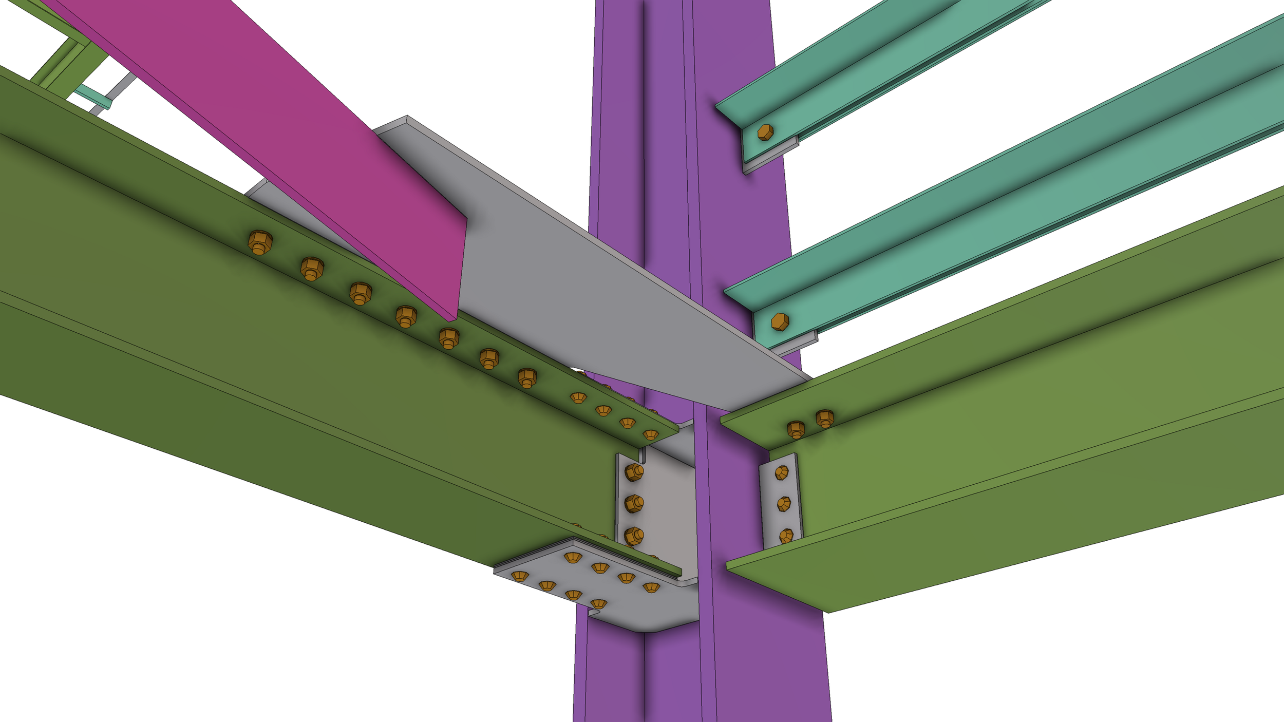 Color-coded structural steel framework with bolts, showing beams and joints.