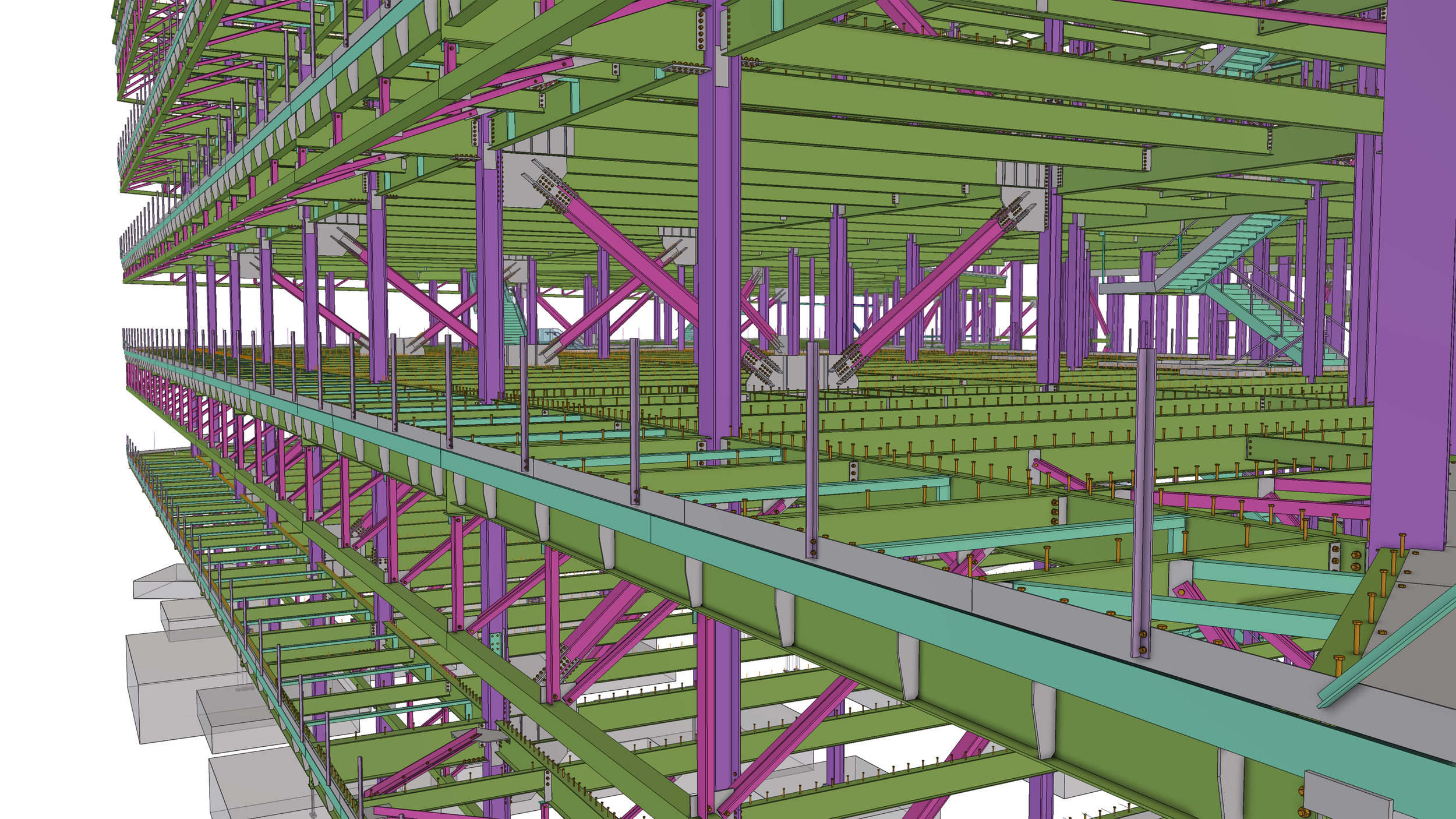 Structural engineering design of a multi-story building with steel framework, including beams, supports, and staircases, rendered in a computer-aided design model.
