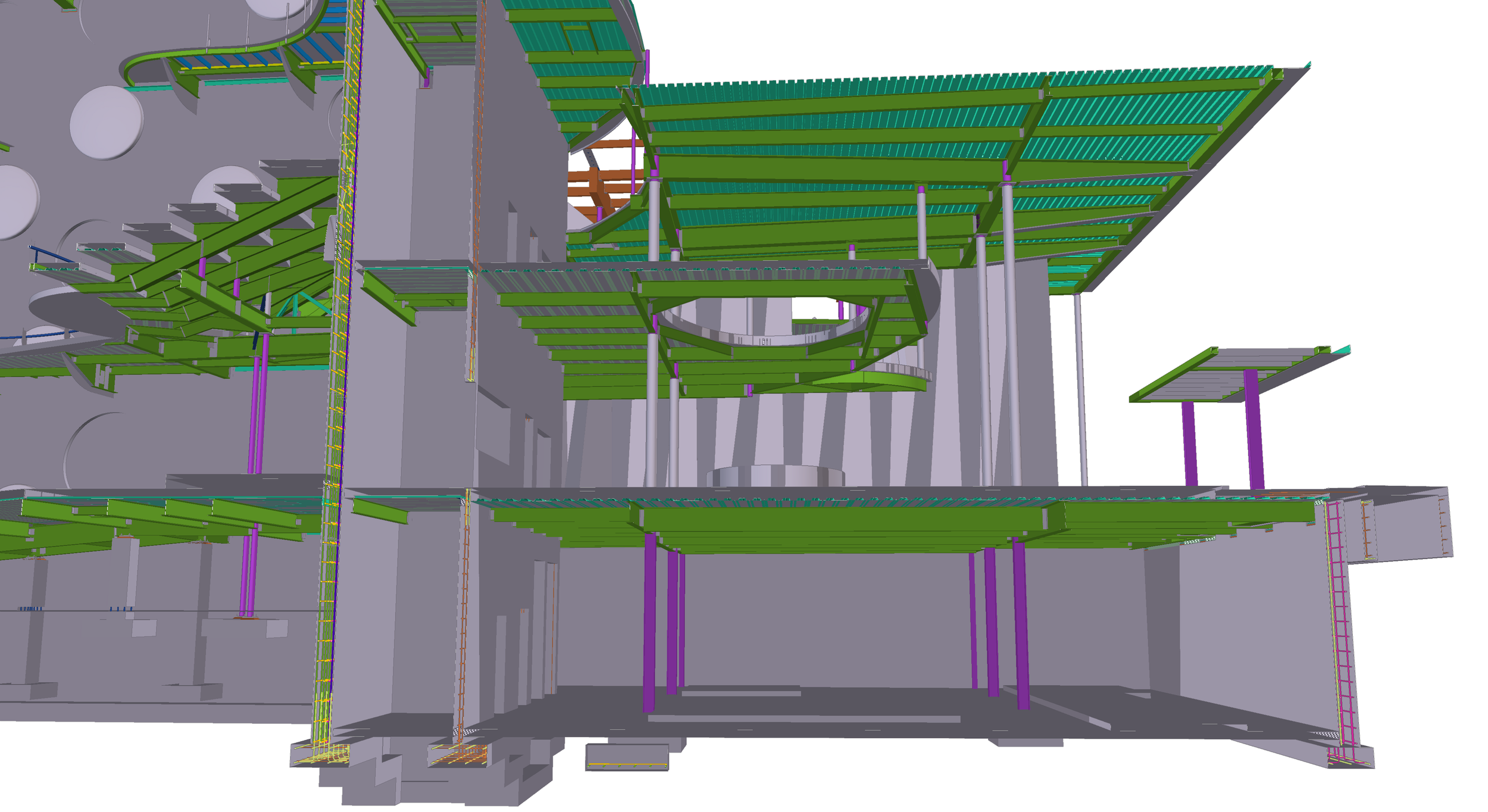 3D model or rendering of a multi-level architectural structure with green and purple beams, stairs, and platforms.