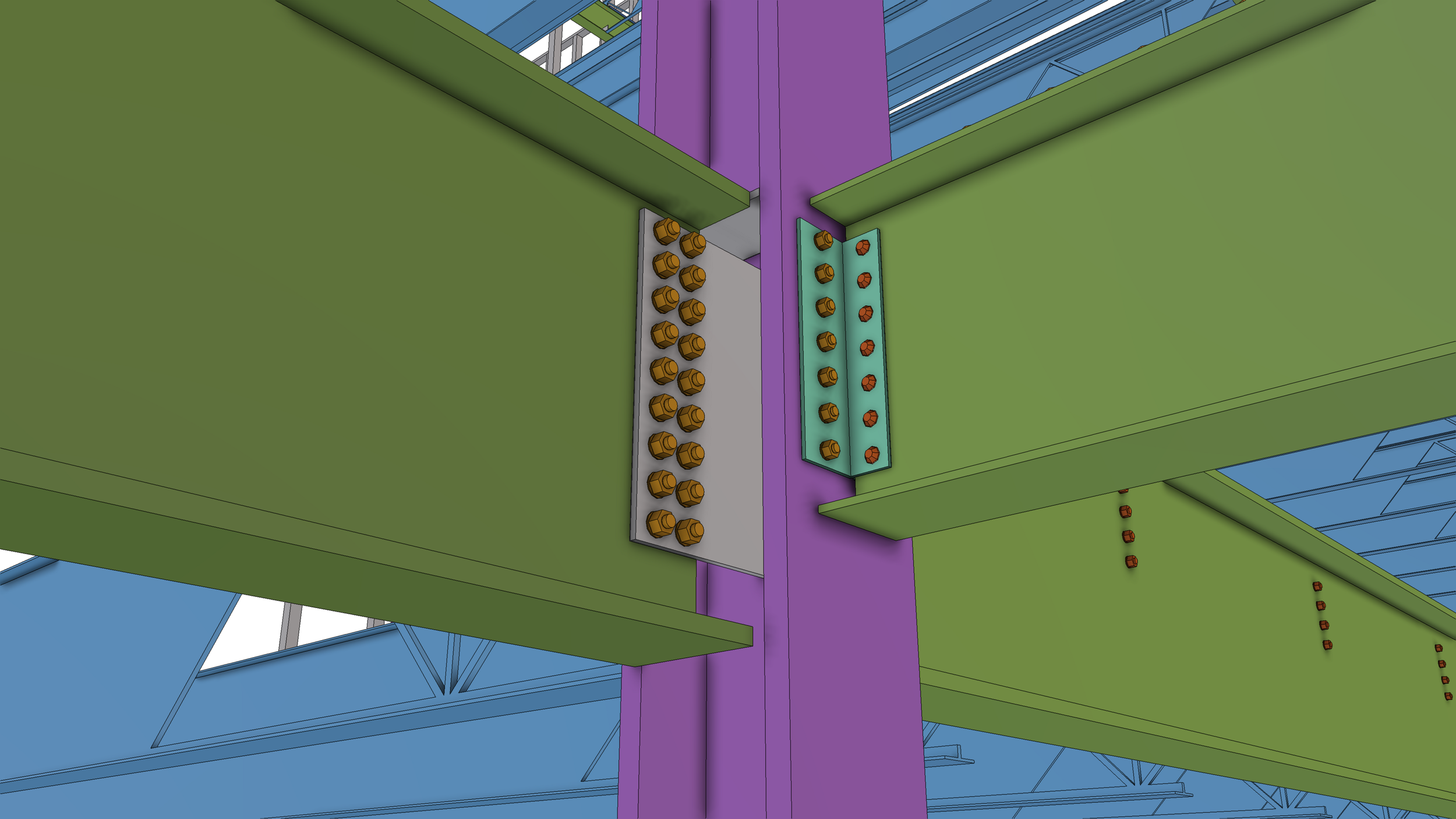 Close-up of a construction joint with bolts and metal plates connecting steel beams painted green and purple.