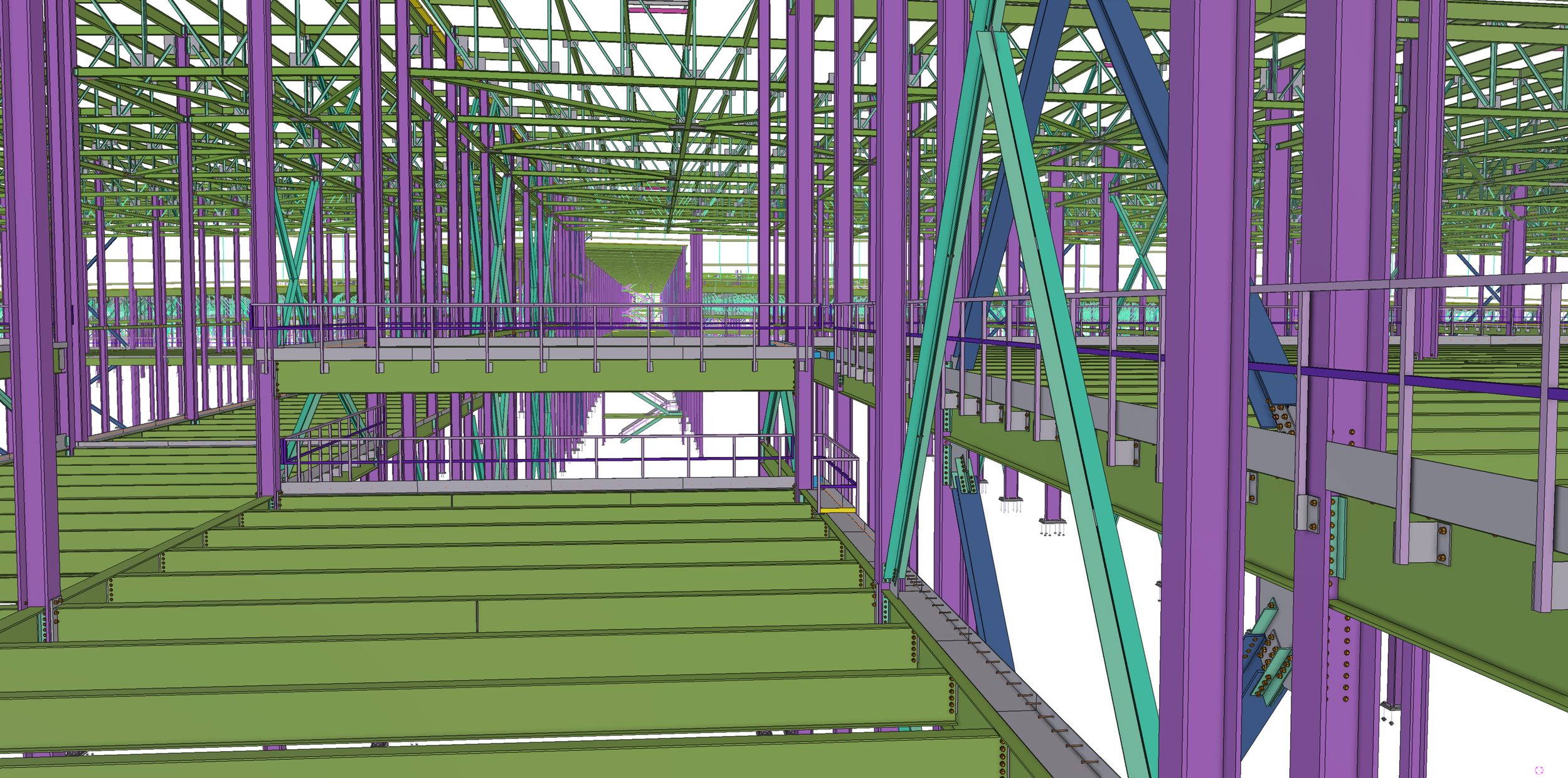 A digital architectural rendering of a building framework with purple vertical beams, green horizontal platforms, and teal diagonal supports, viewed from inside.