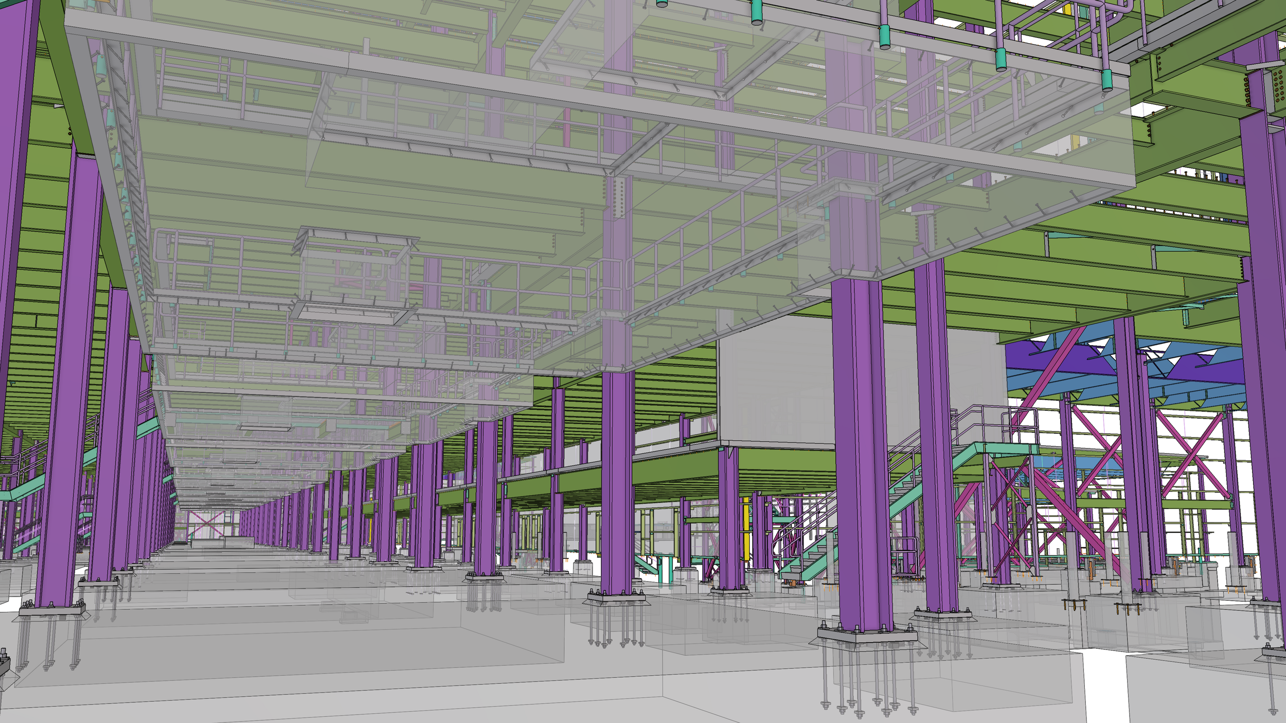 Structural framework of a multi-story building under construction with purple, green, and blue steel beams and stairs.