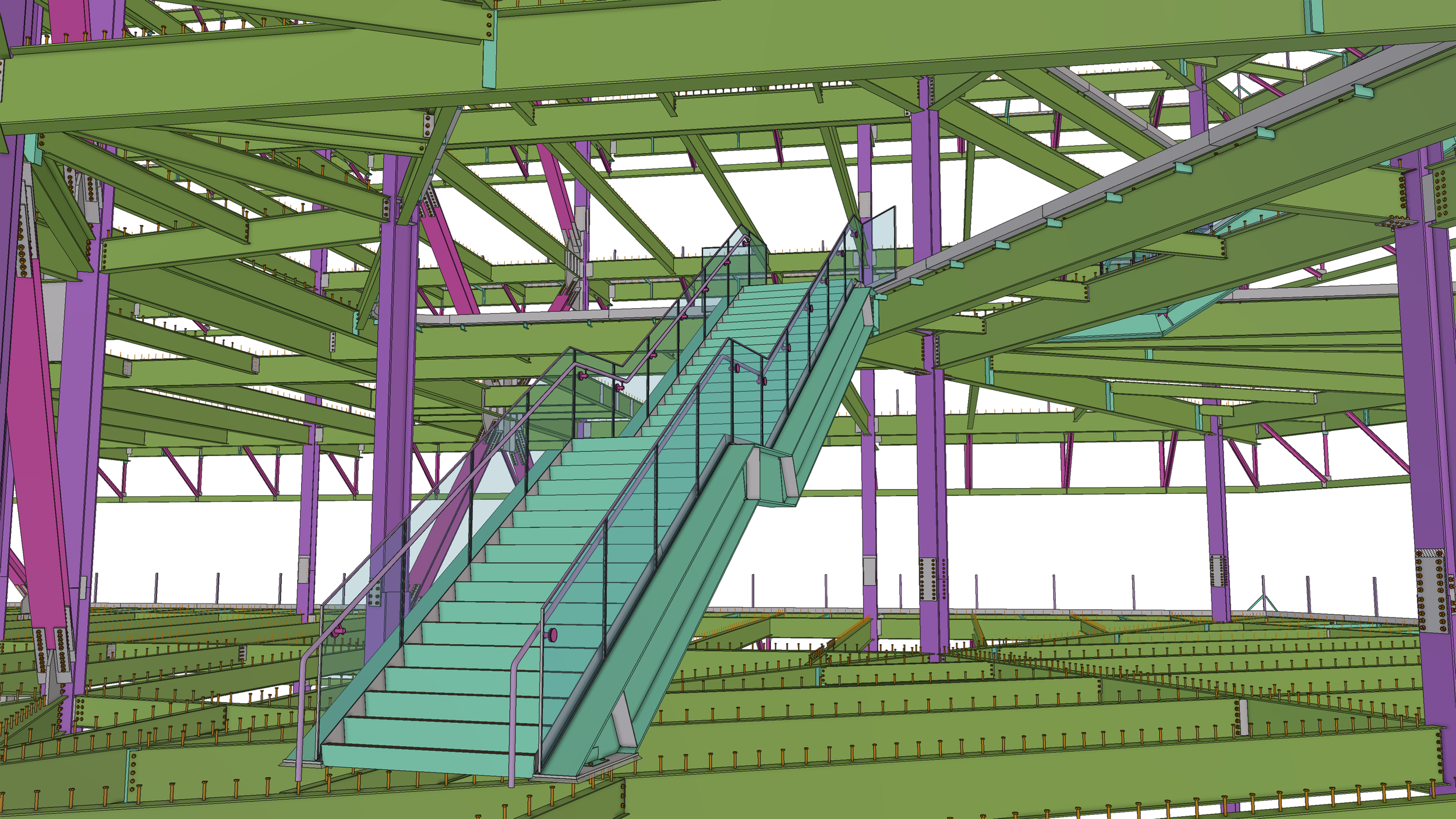 A digital construction model of a multi-level building framework with green beams, purple vertical supports, and a teal staircase with black railings.