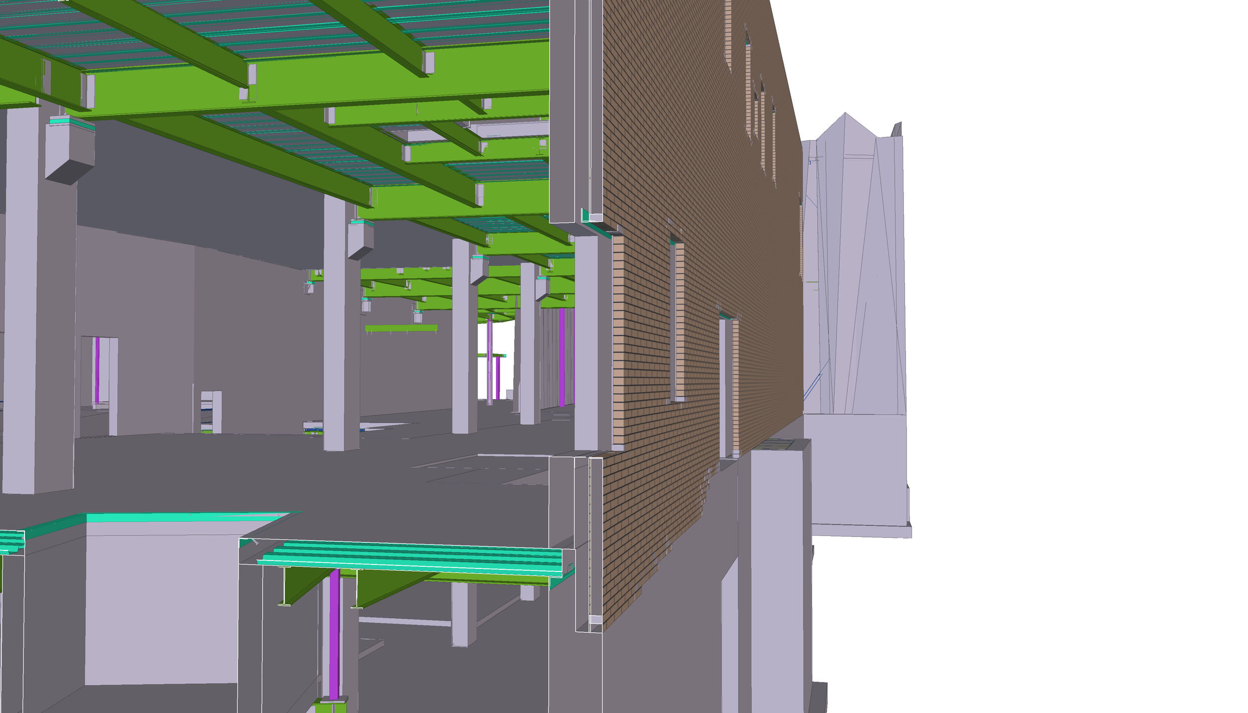 Render of a building construction 3D model with steel beams, green supports, gray columns, purple connectors, and brick wall exterior.