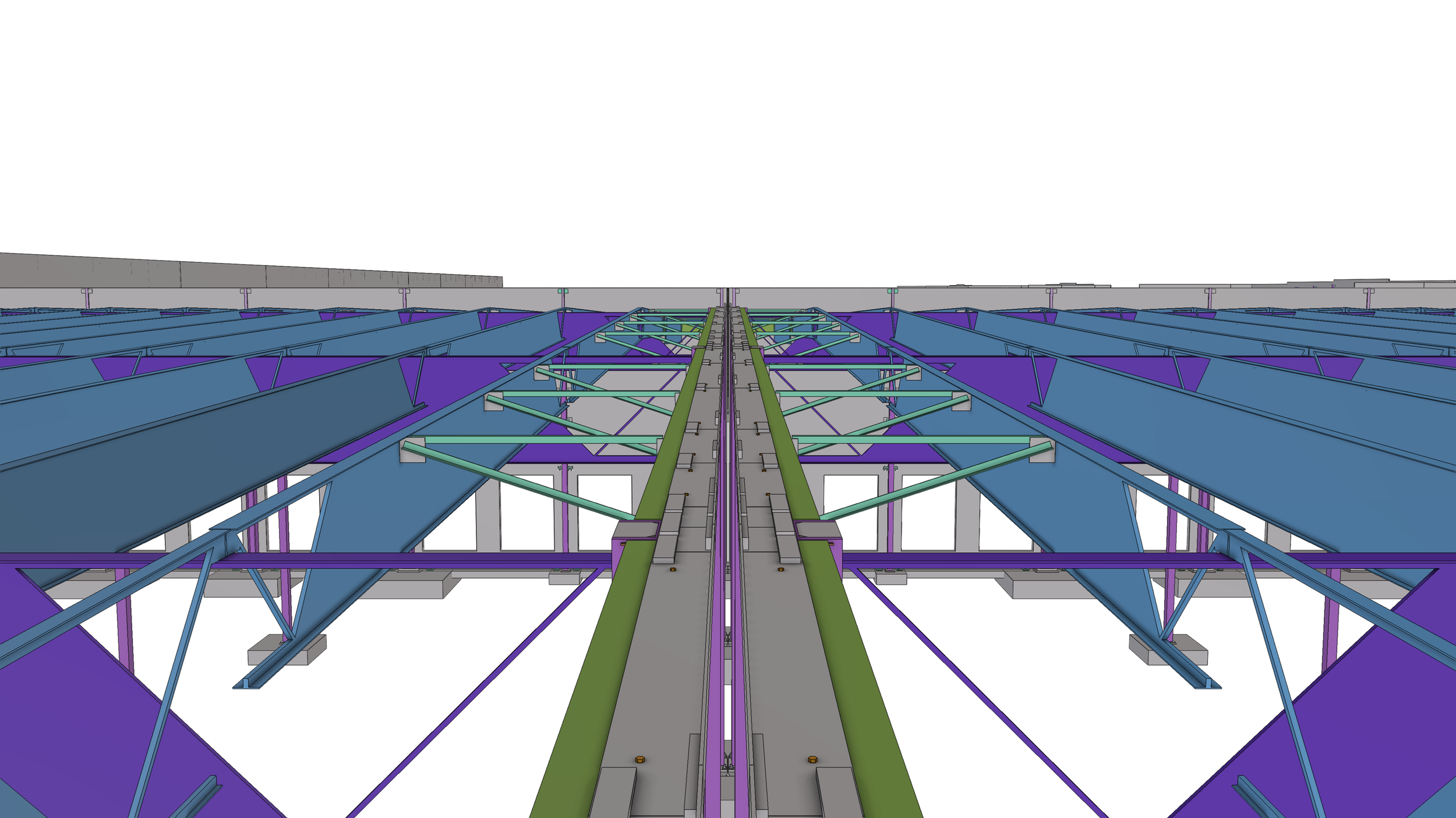 A digital rendering of a construction site for a solar panel array, showing blue and purple solar panel structures with supporting framework and tracking mechanisms.