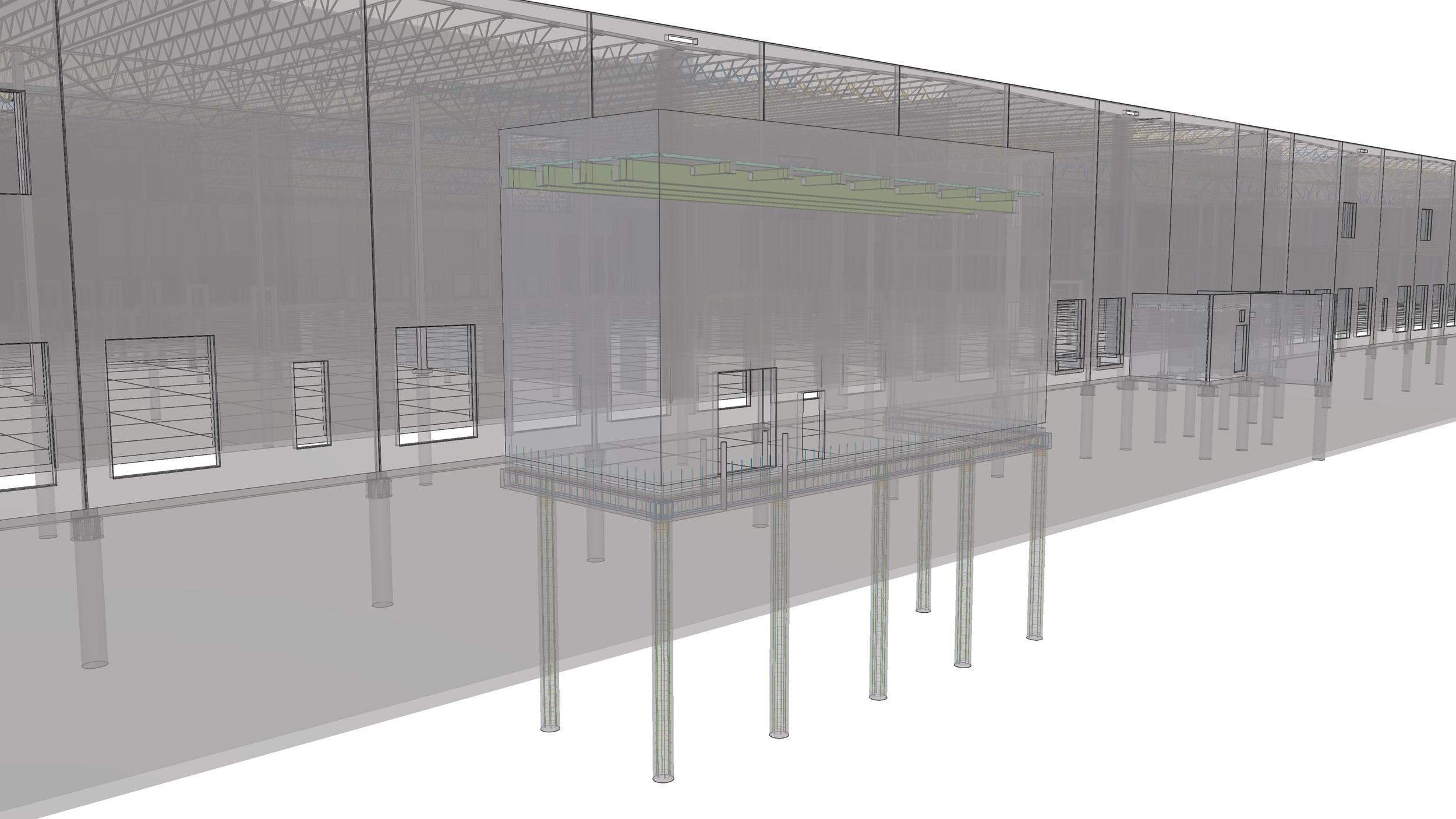 A digital architectural rendering of an unfinished large multi-story building, showing structural steel framework, support columns, and walls under construction inside a spacious warehouse-like industrial setting.