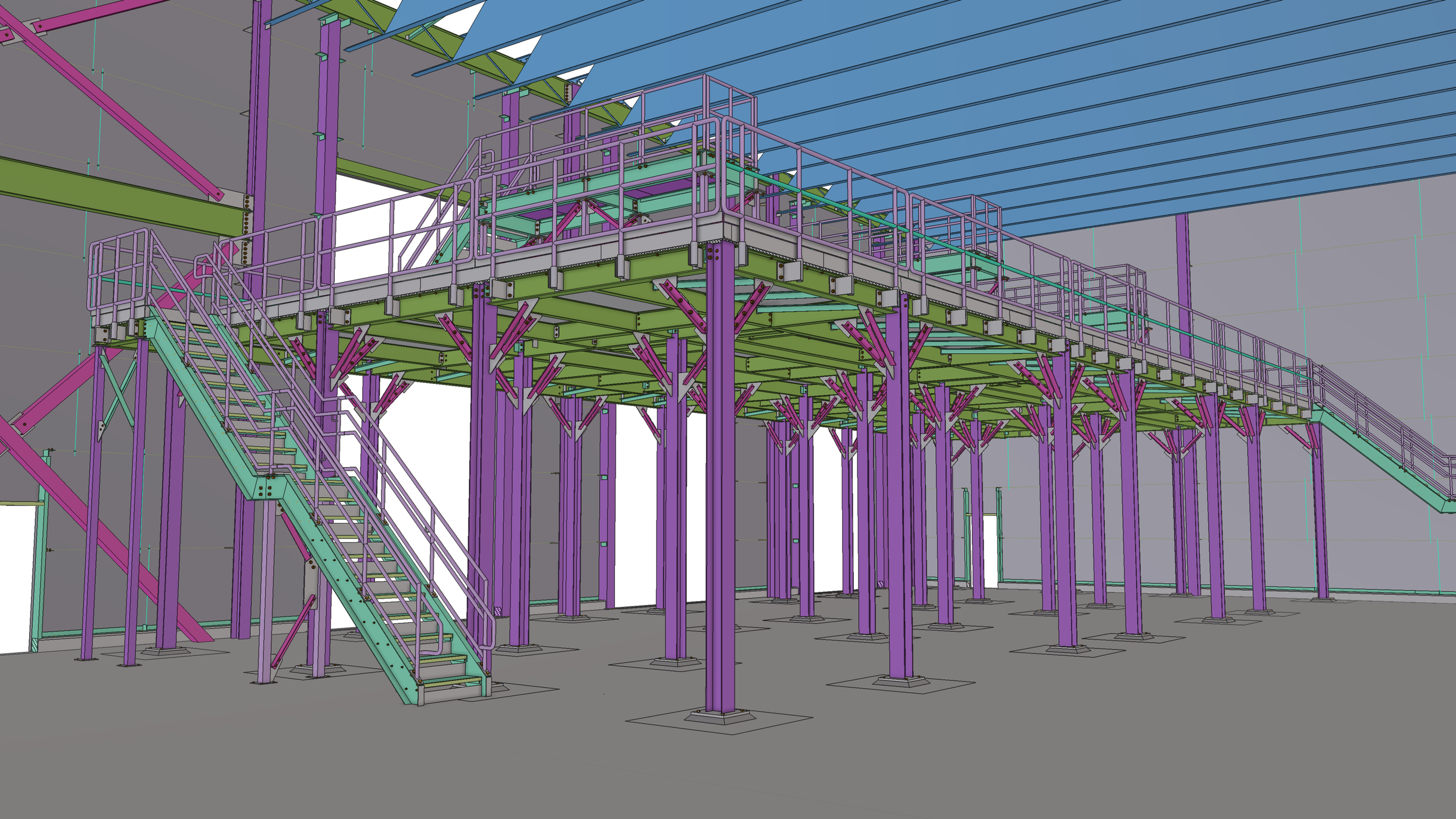 A 3D model of a construction scaffolding with multicolored metal framework, stairs, and safety railings.
