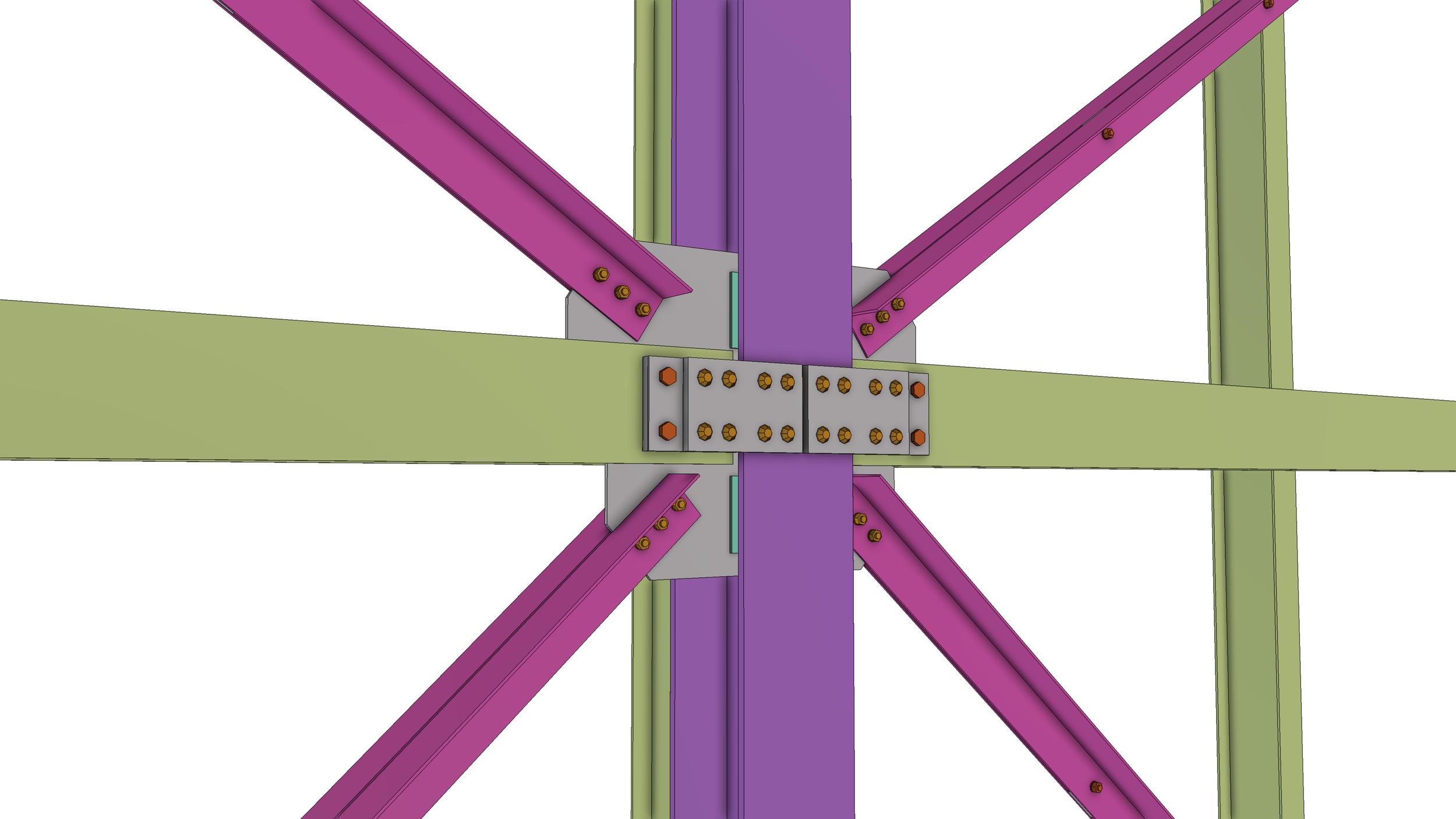A computer-aided design drawing of a steel structure with purple beams, green beams, and gray connectors, showing a detailed view of the joint.