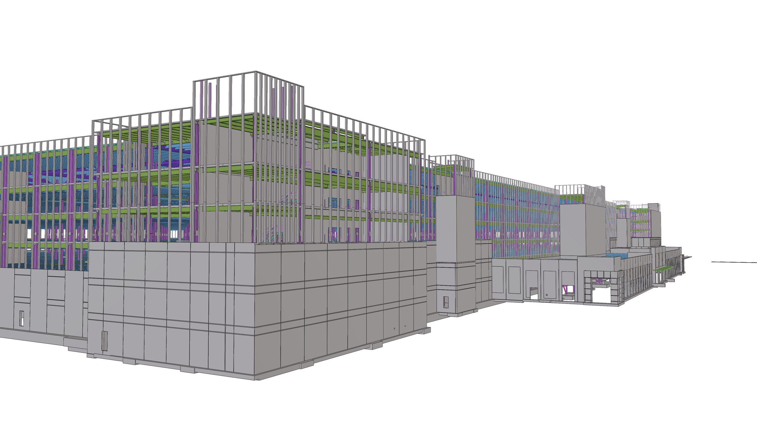 3D rendering of a modern multi-story building with a glass facade, featuring vertical white beams and colorful interior elements visible through the glass.