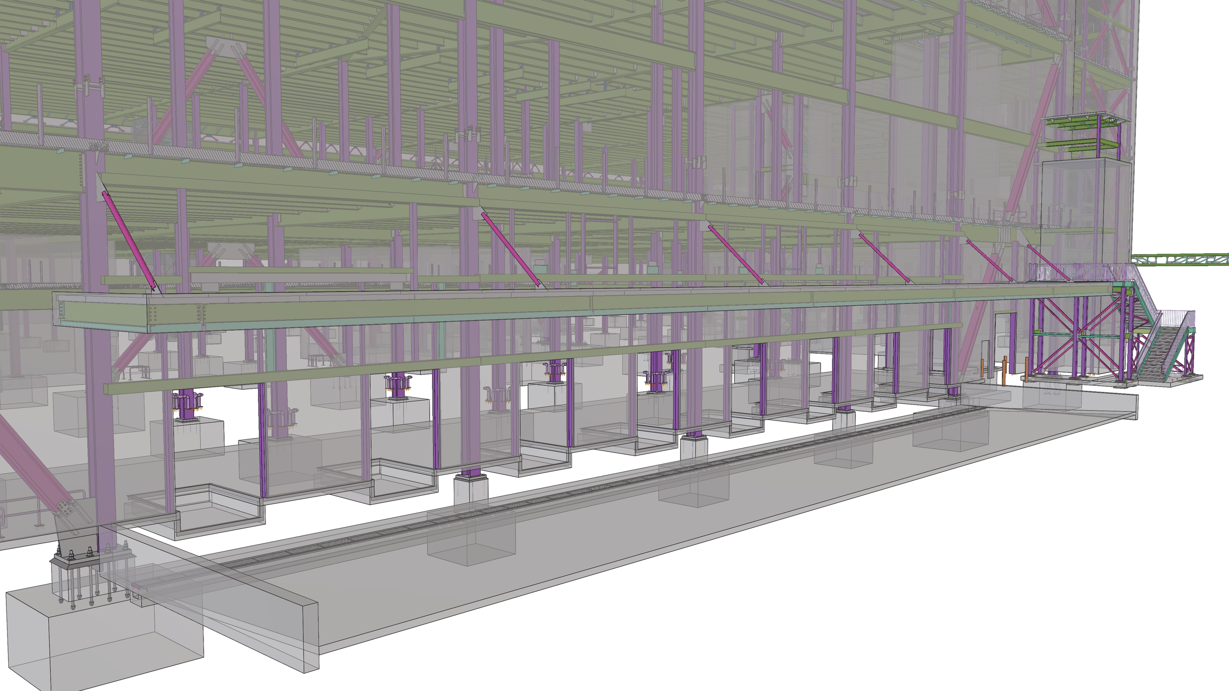 A detailed 3D model of a multi-story building under construction with visible steel framework, stairs, and support beams.