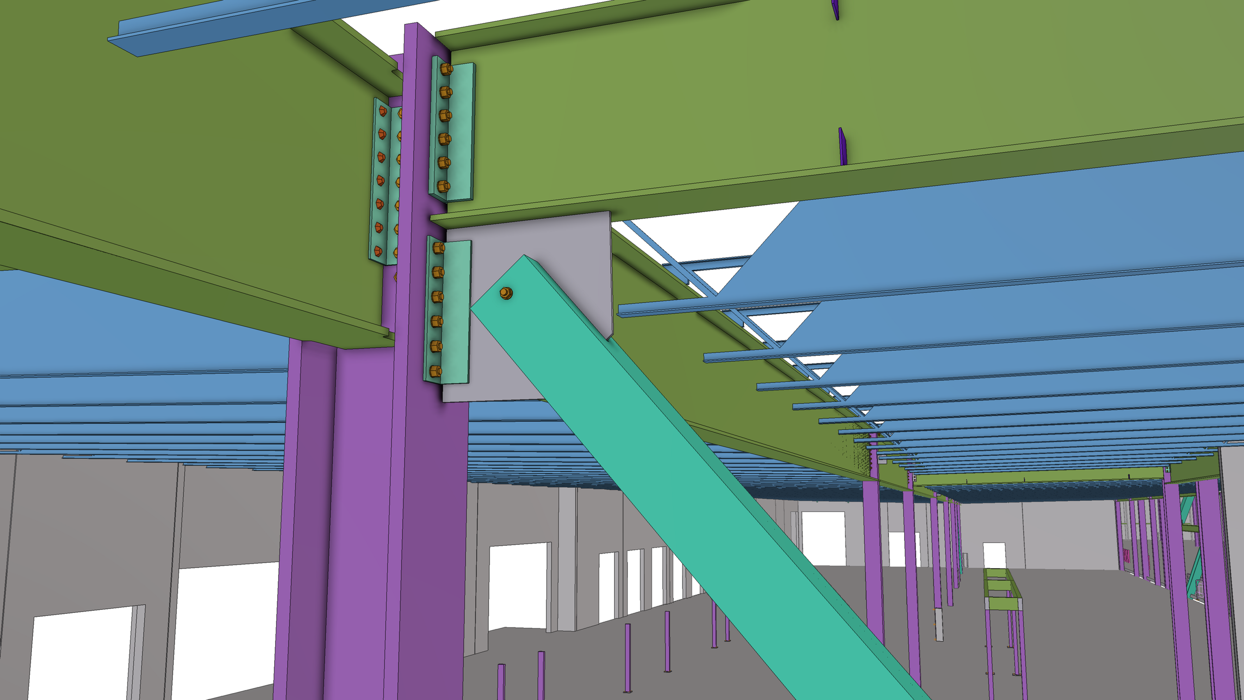 3D model of a building framework with colorful steel beams and columns in purple, green, blue, and gray, showing structural connections and support braces.