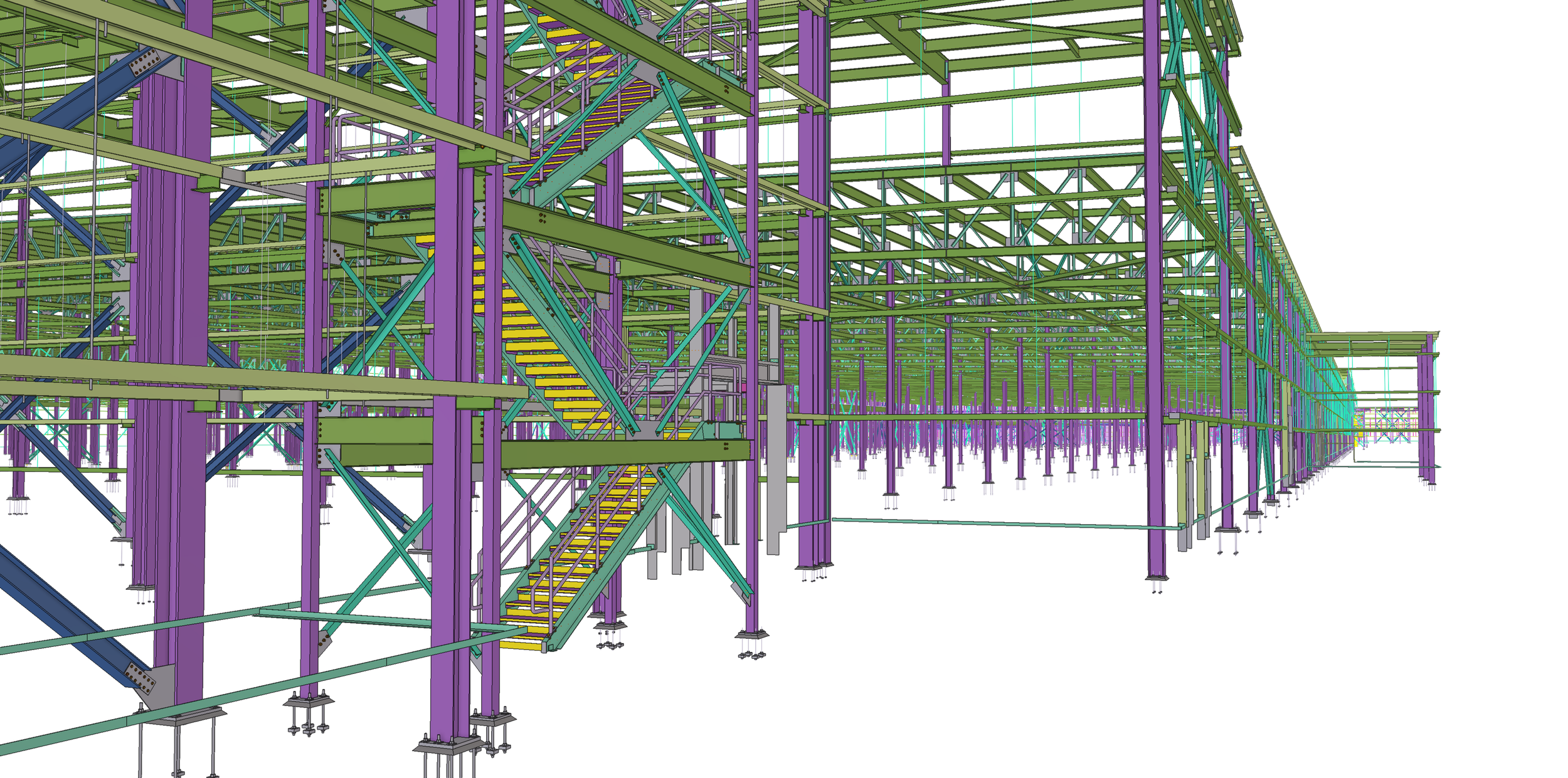 A digital schematic of a large multi-level steel construction framework with vertical purple, green, and blue beams, including interconnected stairs and support structures.