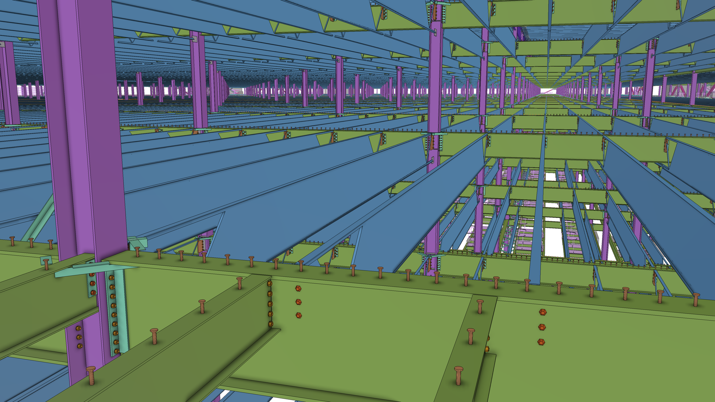 Digital illustration of an industrial construction site with steel beams and columns in purple, blue, and green colors, arranged in a grid pattern, depicting the framework of a building.
