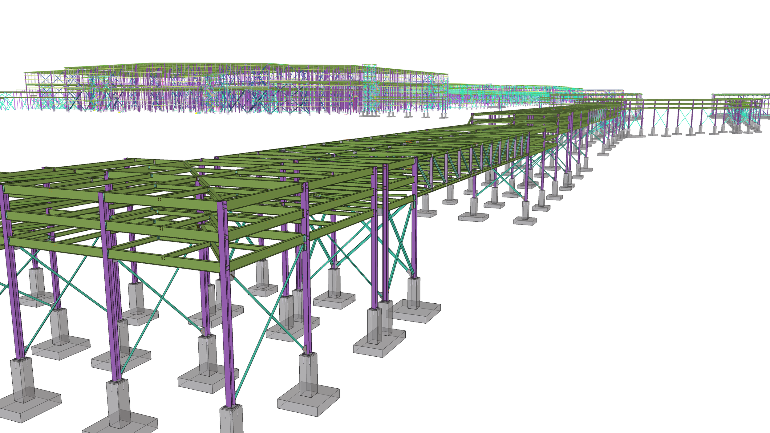3D model of a building under construction showing steel framework with purple, green, and blue beams supported by concrete footings.