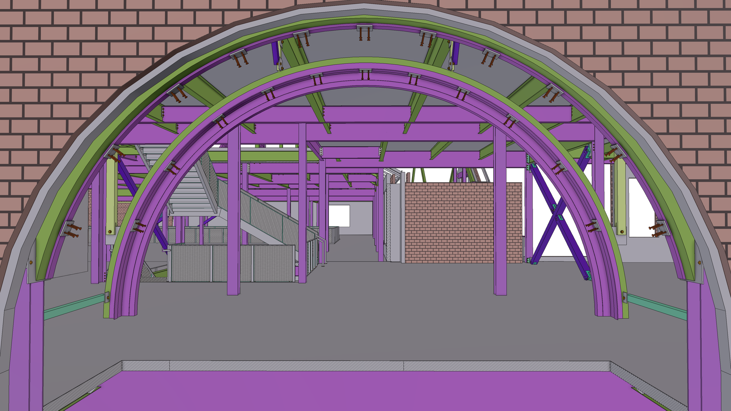 A digital rendering of a construction site showing the framework of an arch or tunnel with purple and green metal beams, some connected with bolts, and a brick wall in the background.