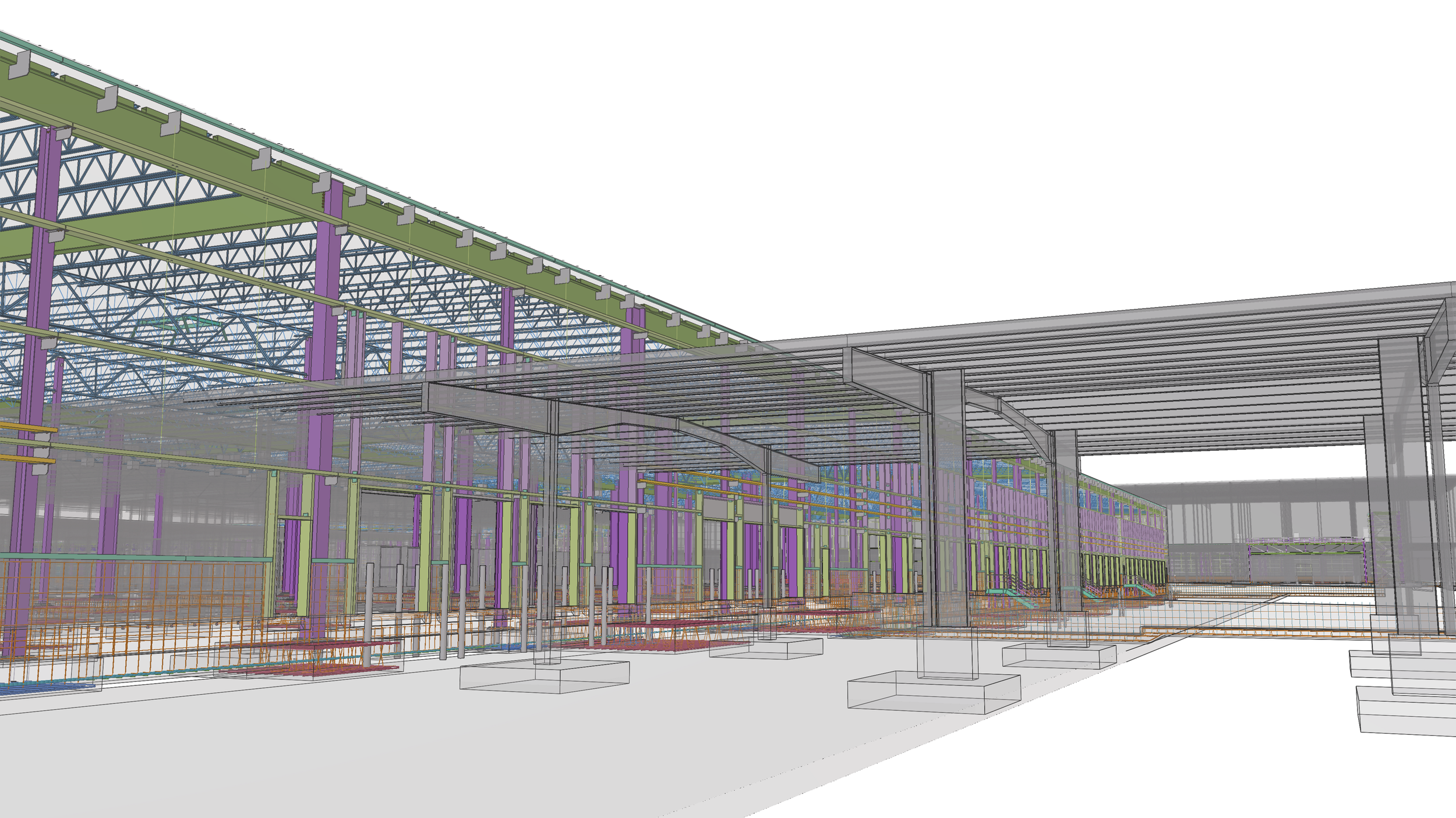 A detailed digital architectural rendering of a large building under construction, showing structural steel framework, beams, columns, and multiple levels.
