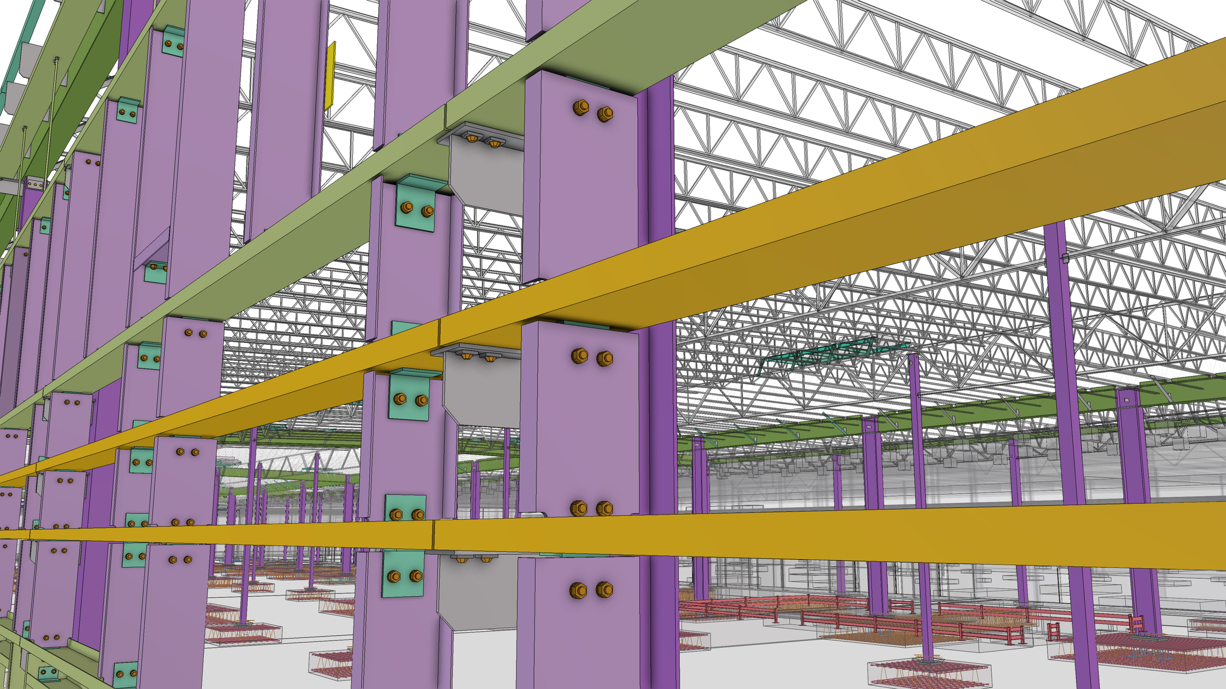 A digital rendering of an industrial building framework with purple vertical supports, yellow horizontal beams, and green braces, along with metal crossbeams in a large open space.