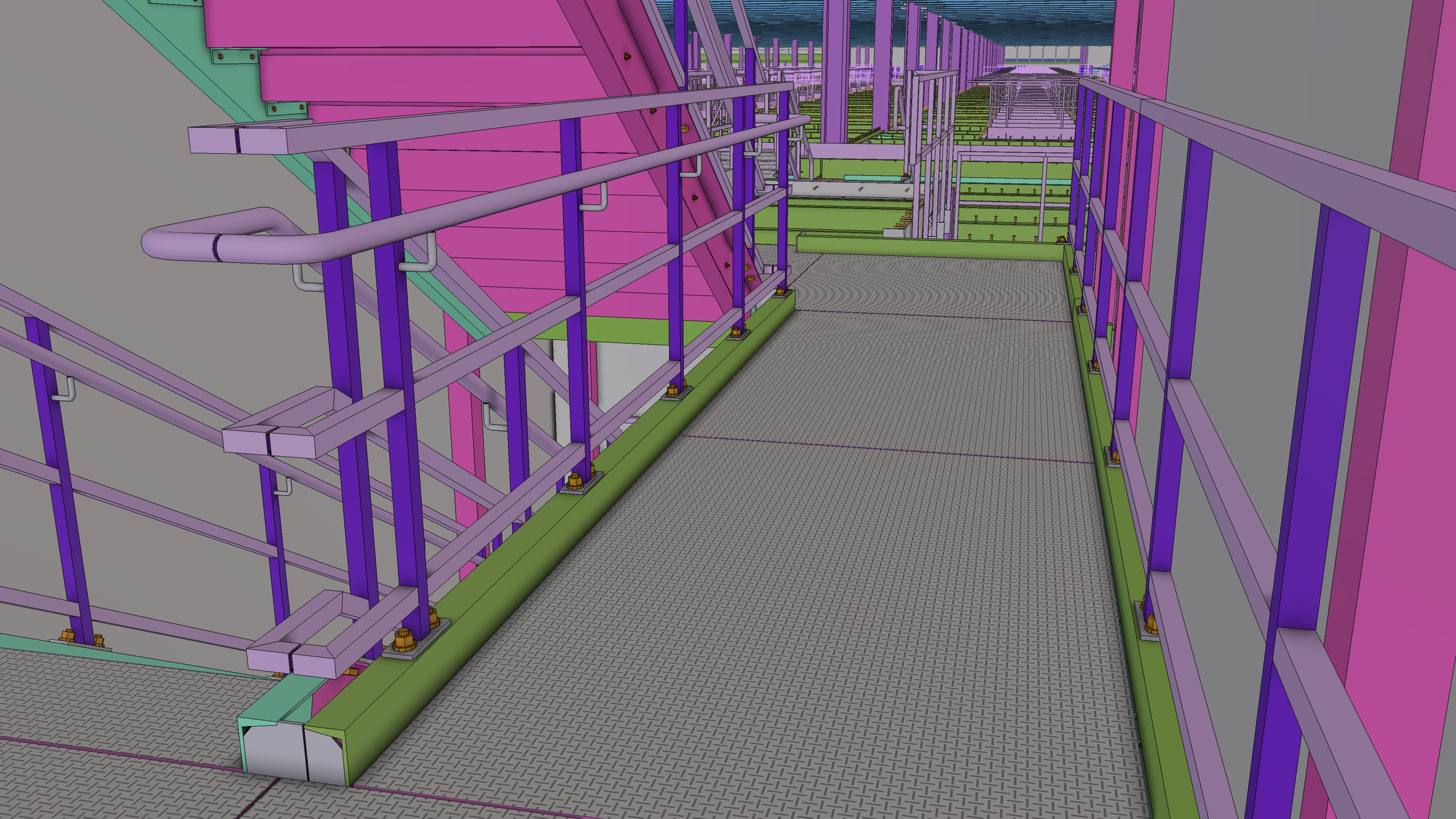 3D digital model of a construction site showing framing, pathways, and support beams in purple, pink, green, and gray colors.