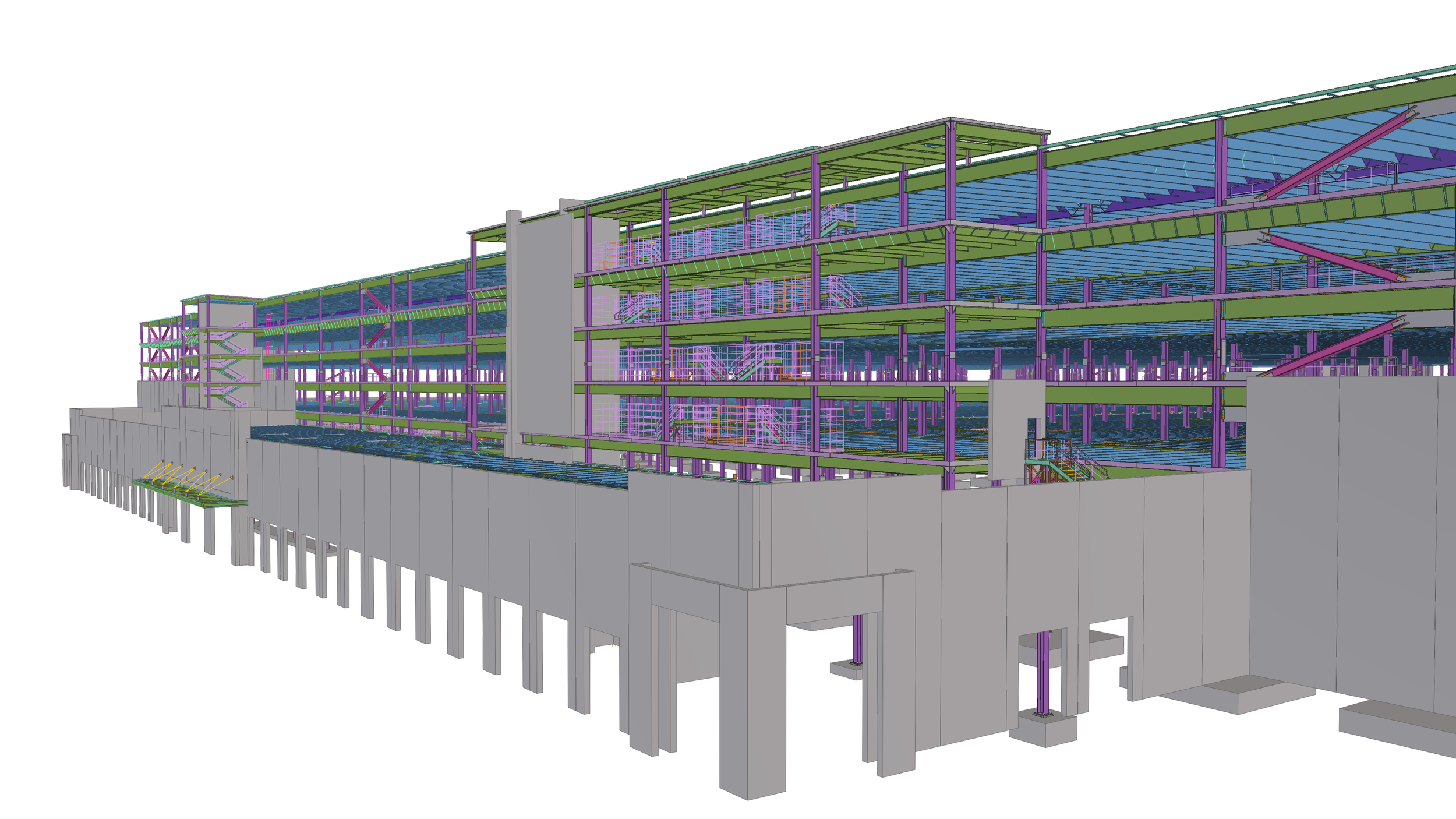 3D structural model of a multi-story building under construction, with visible support beams, staircases, and structural framework.