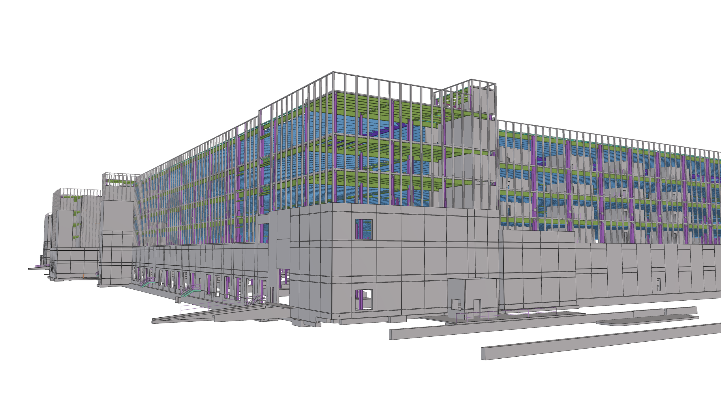 Architectural 3D rendering of a modern multi-story building with structural framework and colorful interior elements.