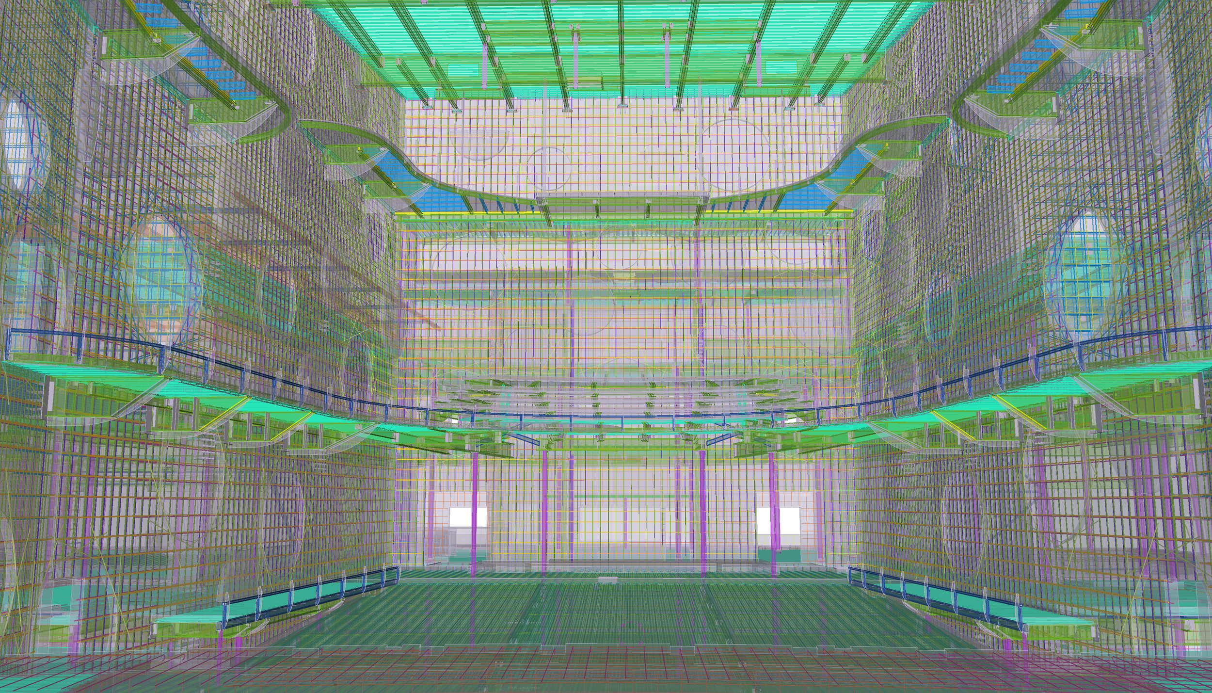 3D wireframe model of a multi-story building interior with stairs, railings, and structural elements in various colors.