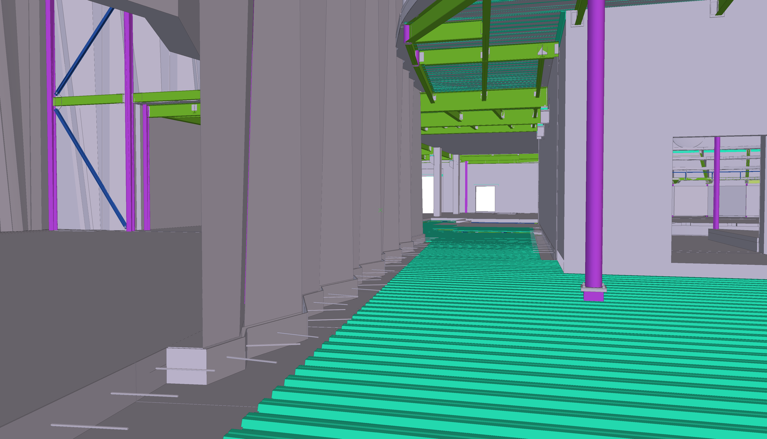 A digital 3D rendering of a building's structural framework showing walls, green steel beams, purple columns, and a green textured floor.