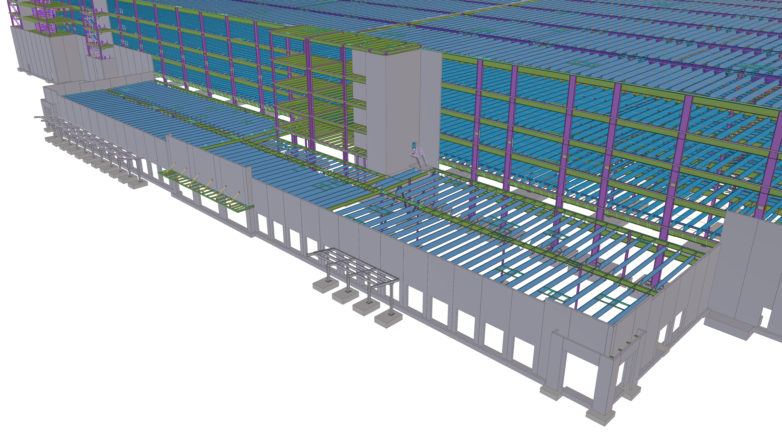A detailed 3D model of a multi-story building under construction, showing structural steel framework, floors, and support columns.