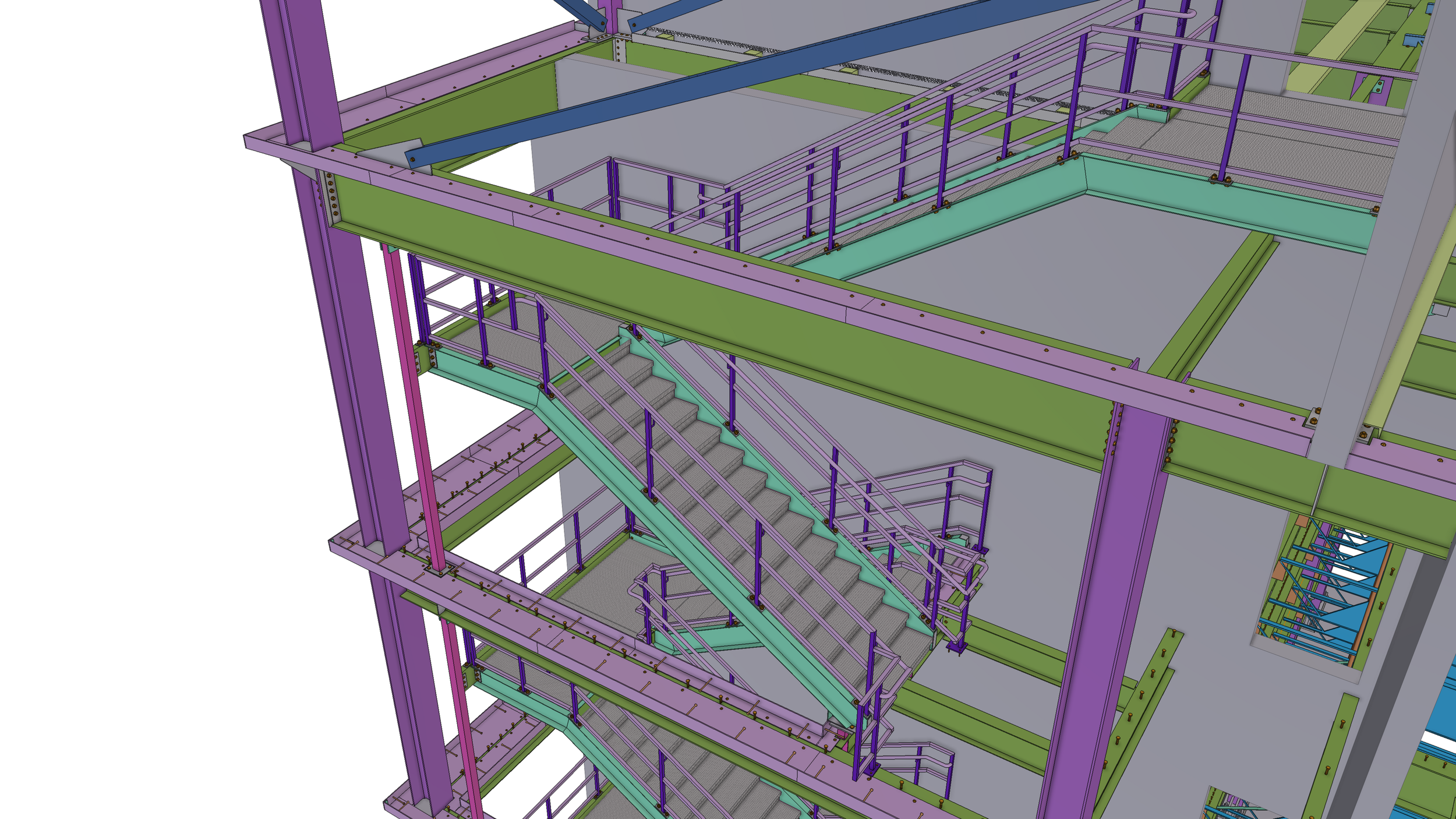 3D model of a multi-level building framework with purple, green, blue, and gray structural elements, including staircases and railings.