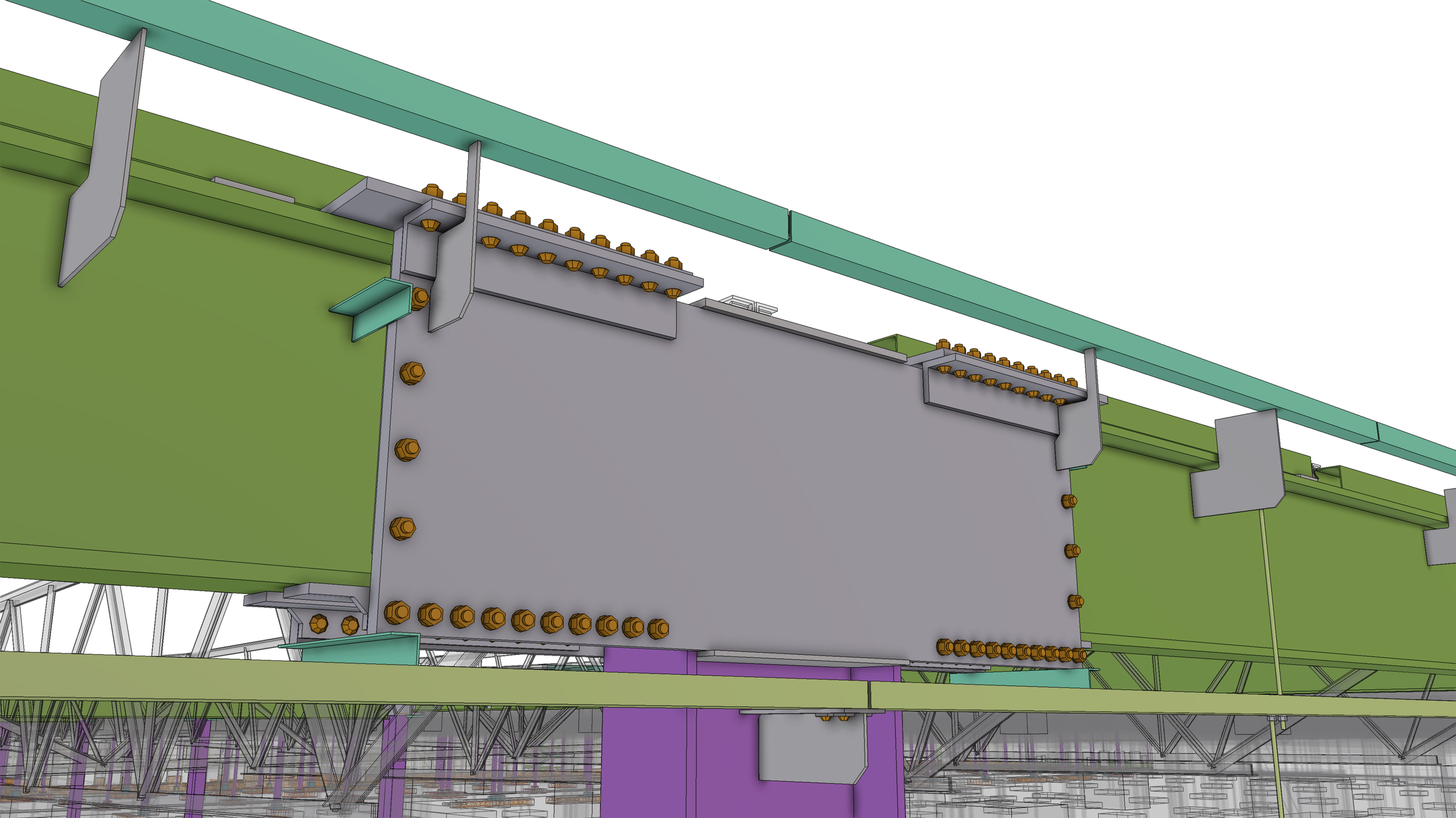 Close-up of structural steel components with bolts, beams, and supports in an industrial or construction setting.