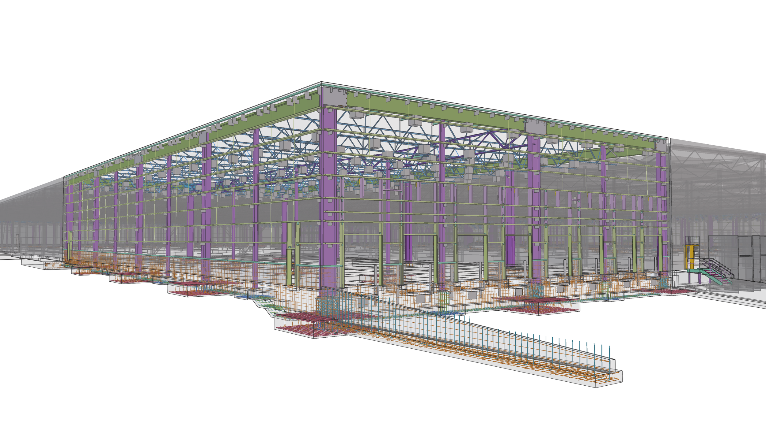 A 3D digital model of a building's steel framework, showing colorful structural elements and internal support systems.