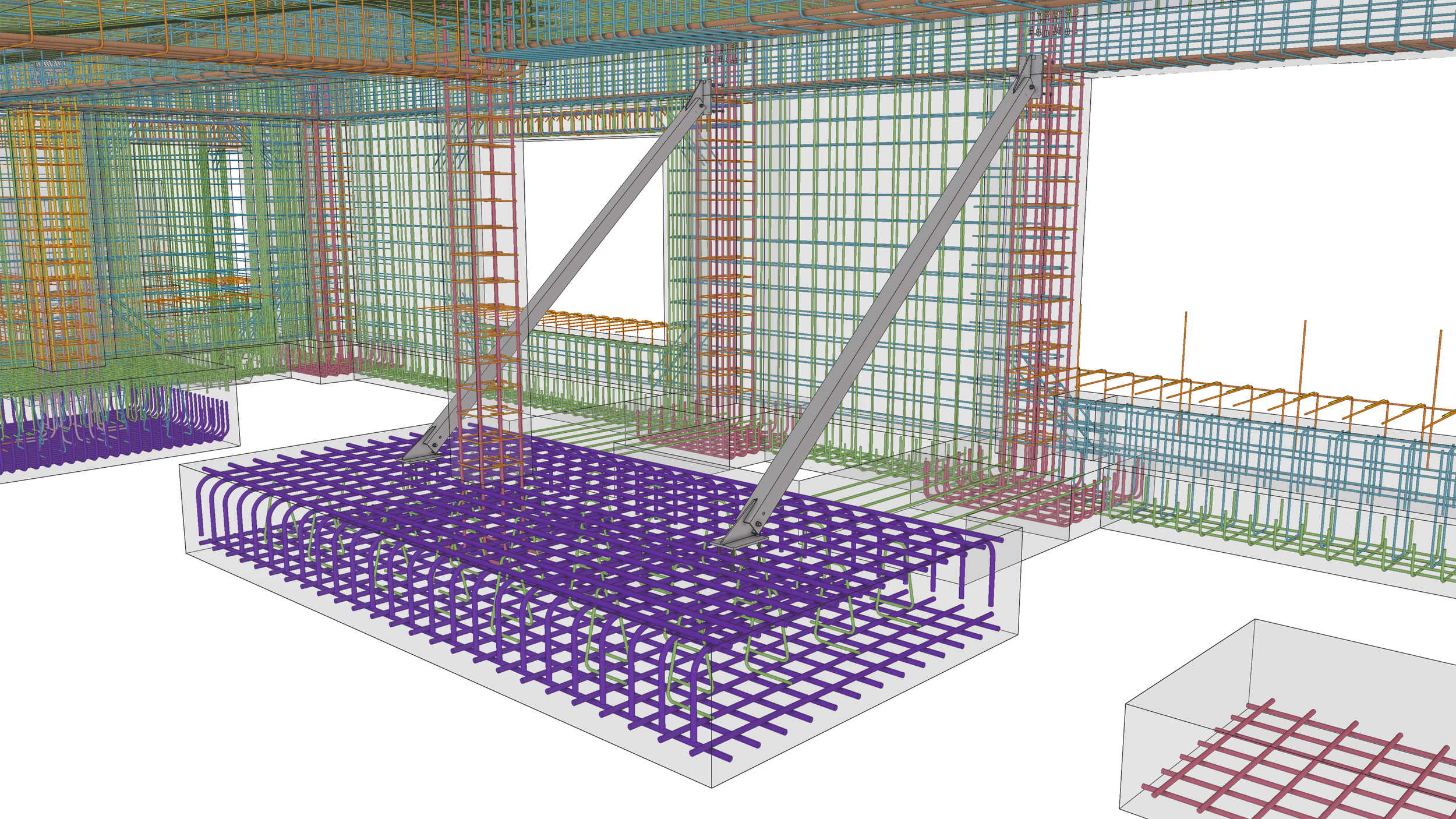 3D computer model of building reinforcement framework showing steel rebar in various colors, including purple, green, red, orange, and blue, with diagonal supports.