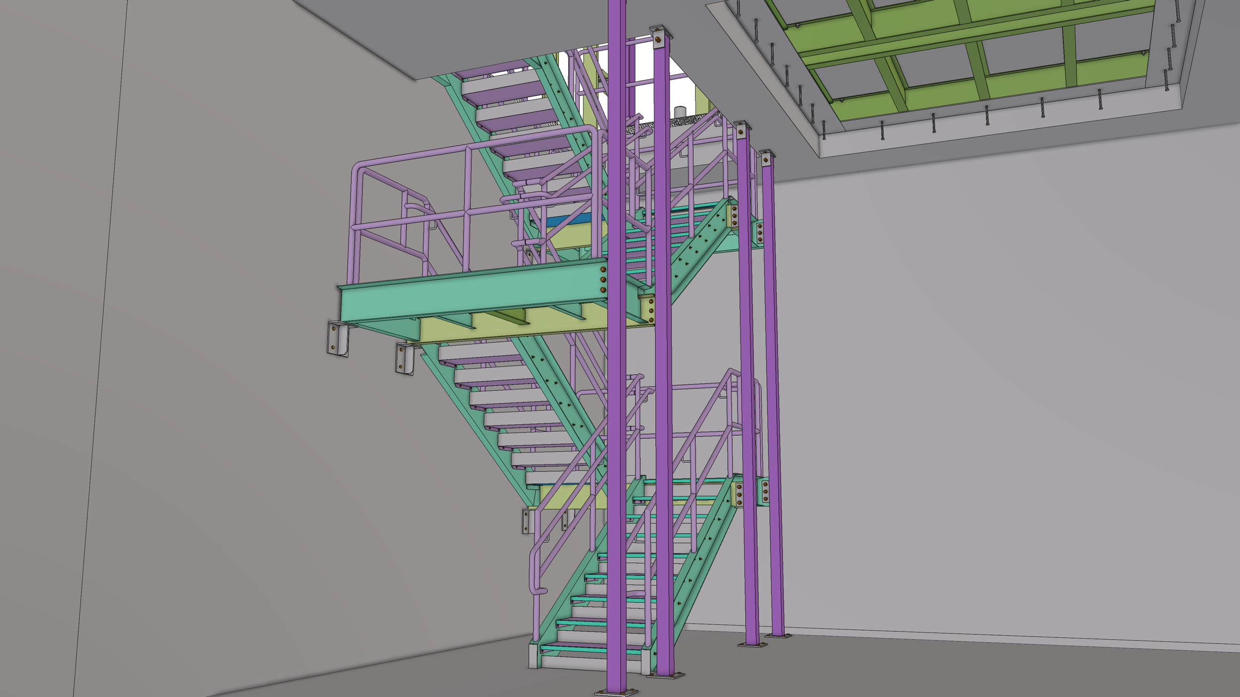 A 3D computer-aided design (CAD) drawing of a multi-level staircase with colorful railings and supports, including a green platform and purple vertical supports, set against a plain background.