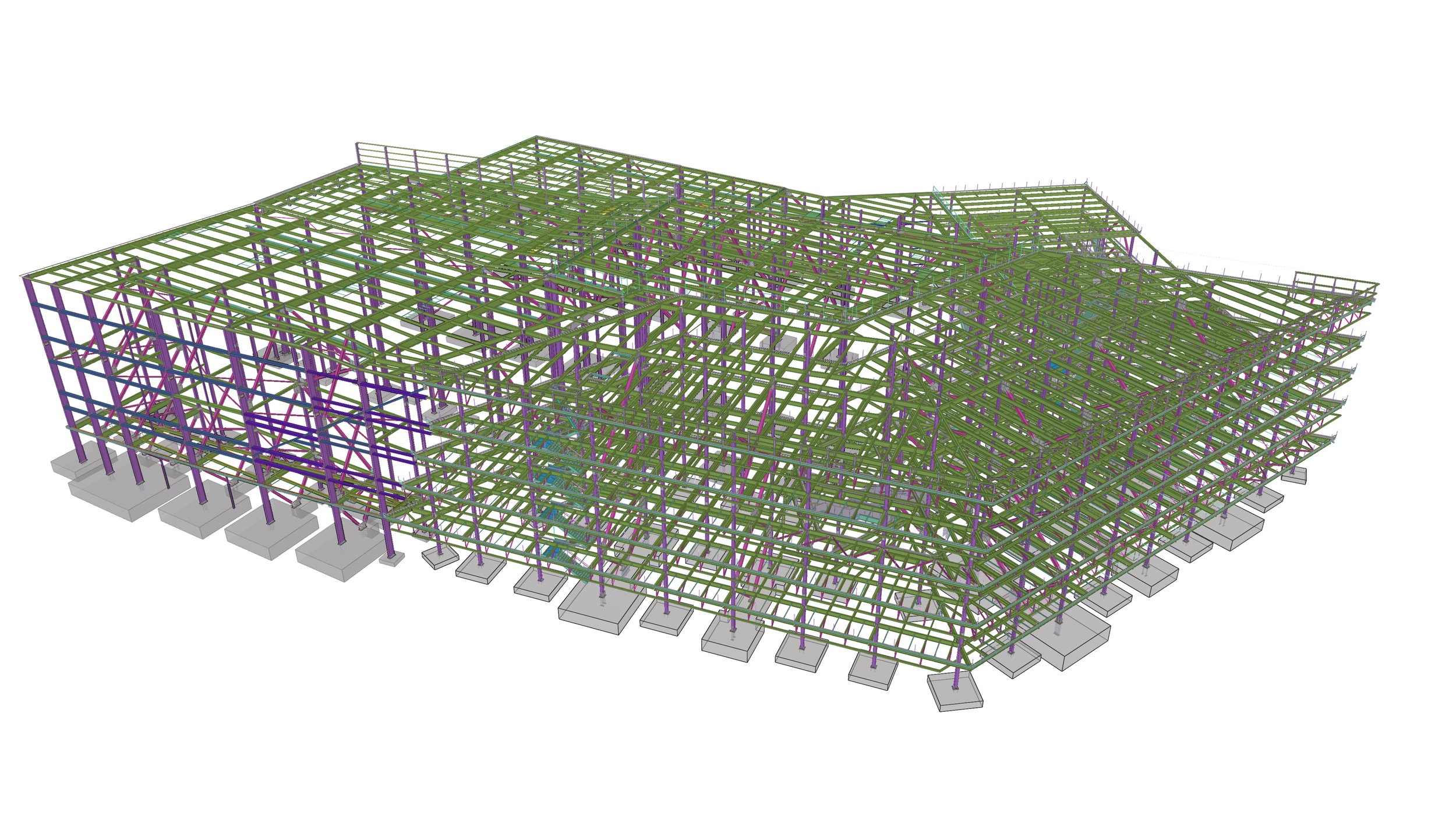 3D model of a building's steel framework with purple, green, and blue beams on a concrete foundation.